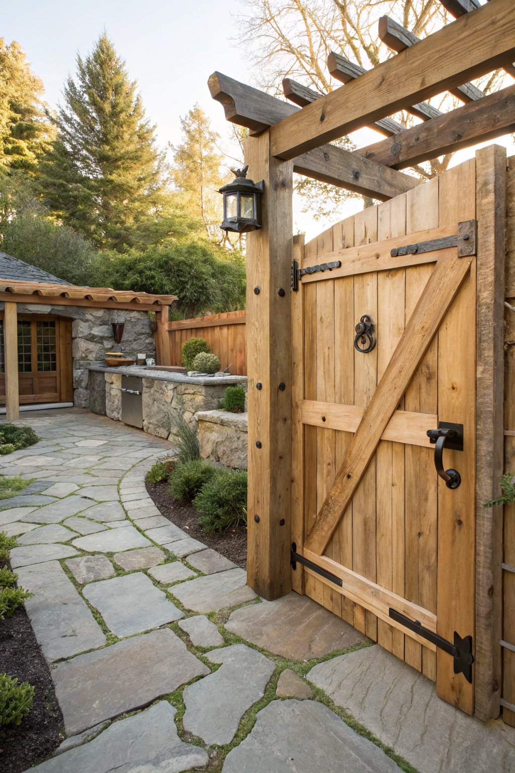 Rustic wooden gate with diagonal brace, black iron hardware, and hanging lantern under wooden pergola beside stone pathway, stone outdoor kitchen, plants, and trees.