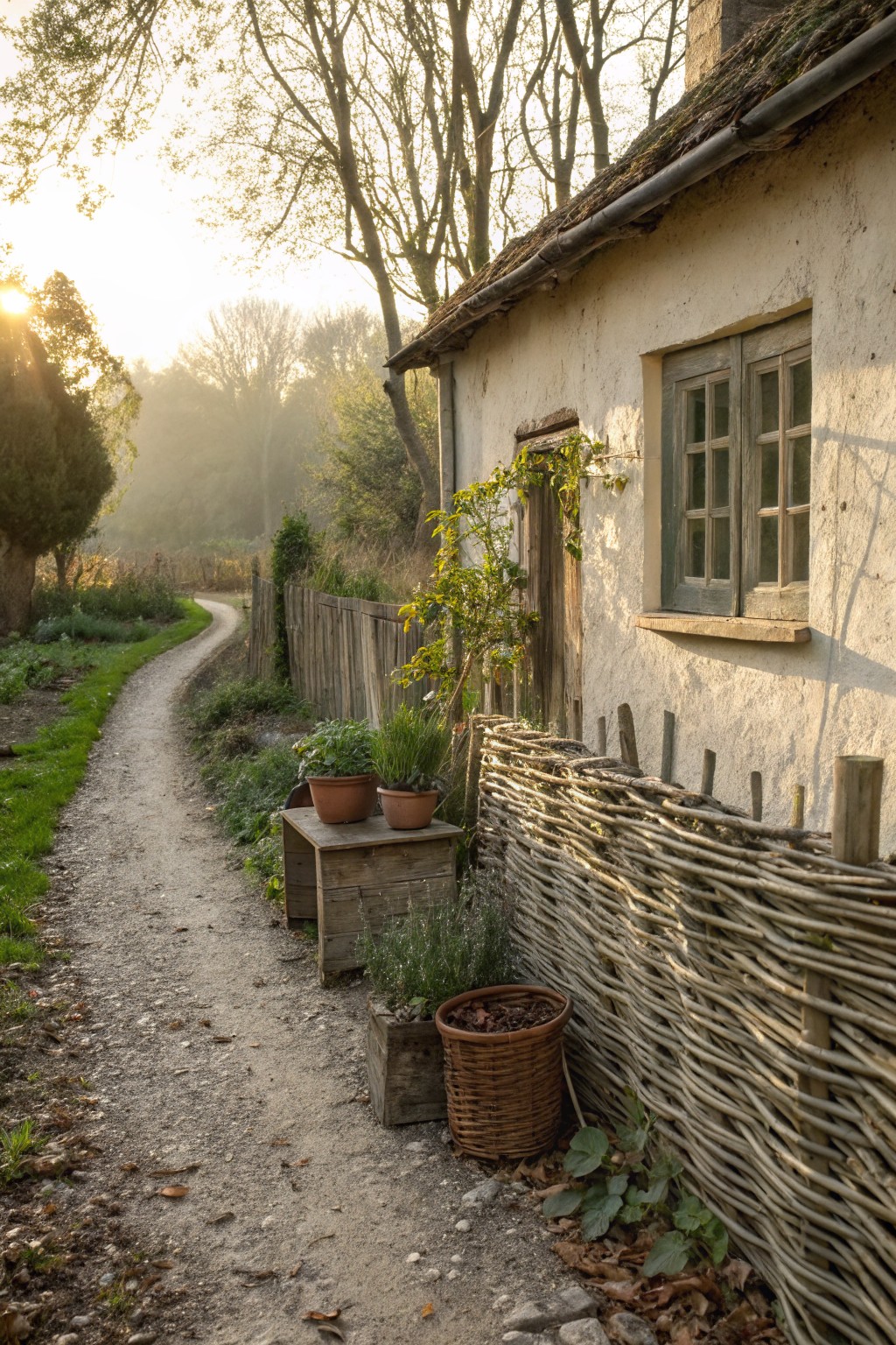 Gravel garden path beside a white plaster cottage with mossy roof, lined by woven willow hurdle fence with wooden posts, terracotta pots of herbs on a bench, a wicker basket of chestnuts, climbing plants, and trees in morning sunlight.