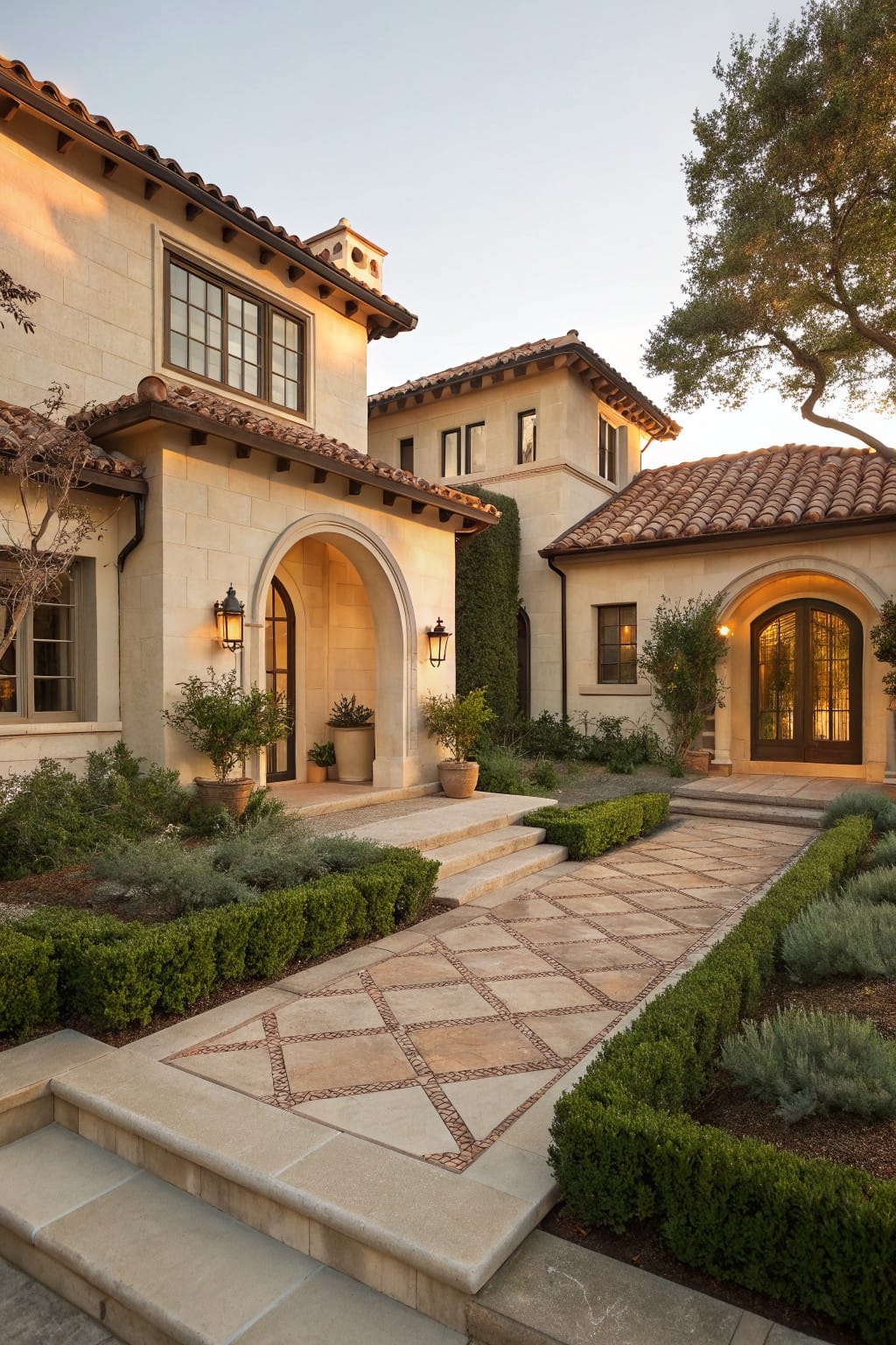 Stucco house exterior with red tile roof, arched doorways, diamond-patterned tile pathway edged by low boxwood hedges, and landscaped plant beds.
