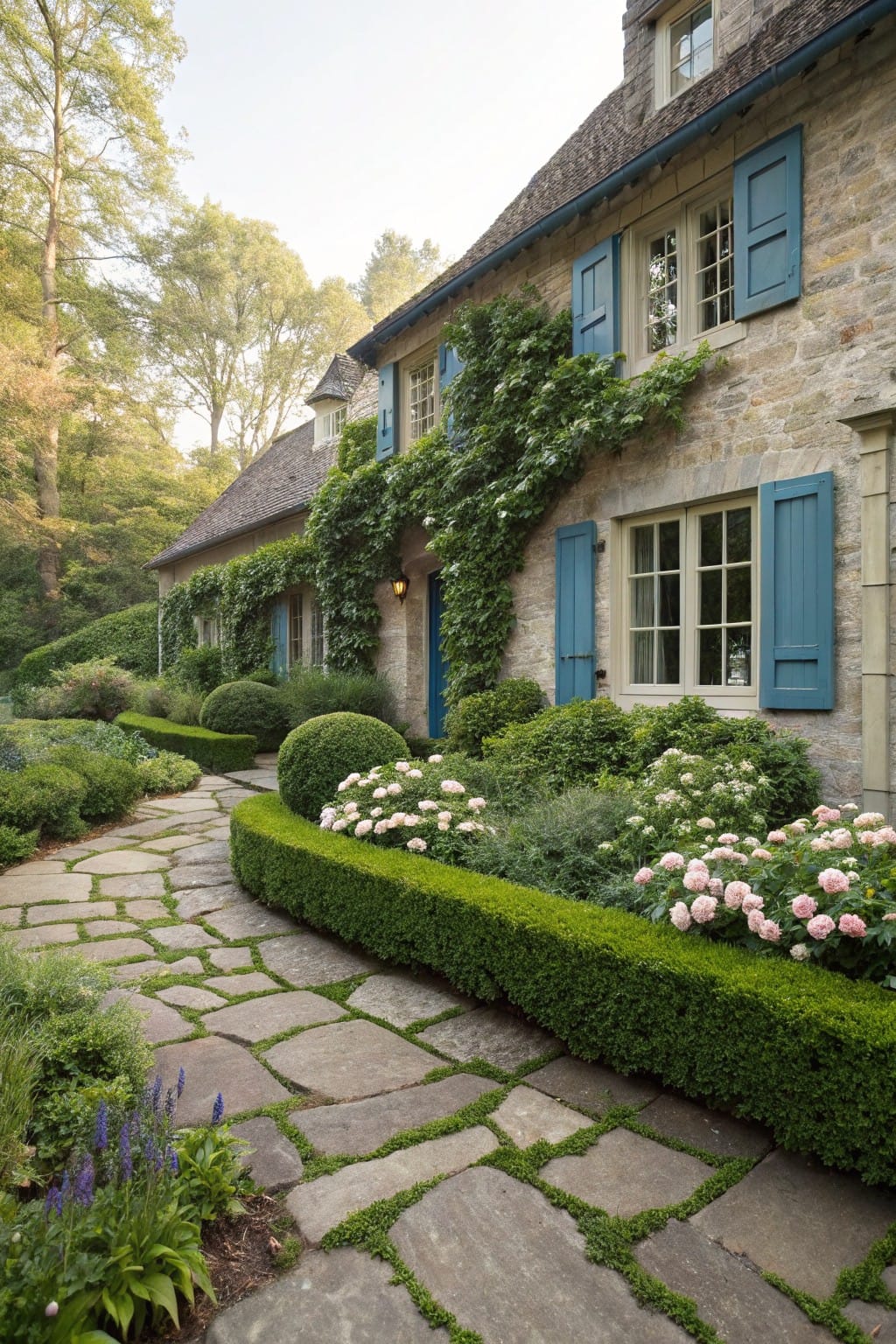 Stone pathway edged by low boxwood hedges and pink flowers leads through a garden to an ivy-covered stone house with blue shutters.