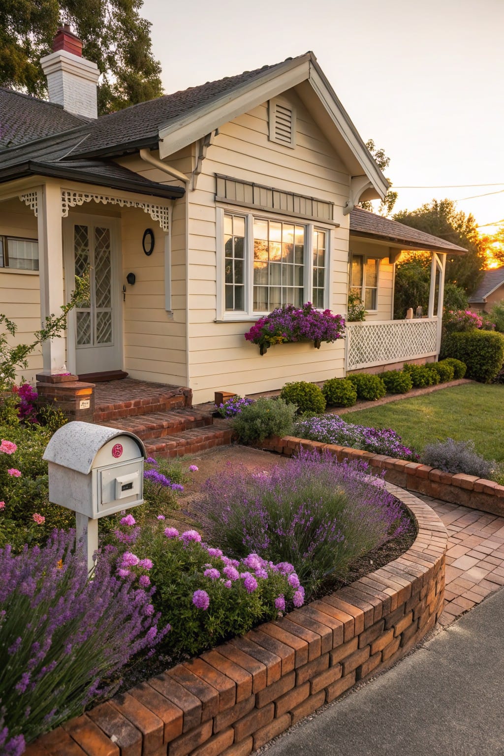 Light beige weatherboard house with gabled roof, front porch, brick steps leading to screened door, silver mailbox on post, and curved low brick wall edging flower beds planted with lavender and purple flowers along curved brick path.