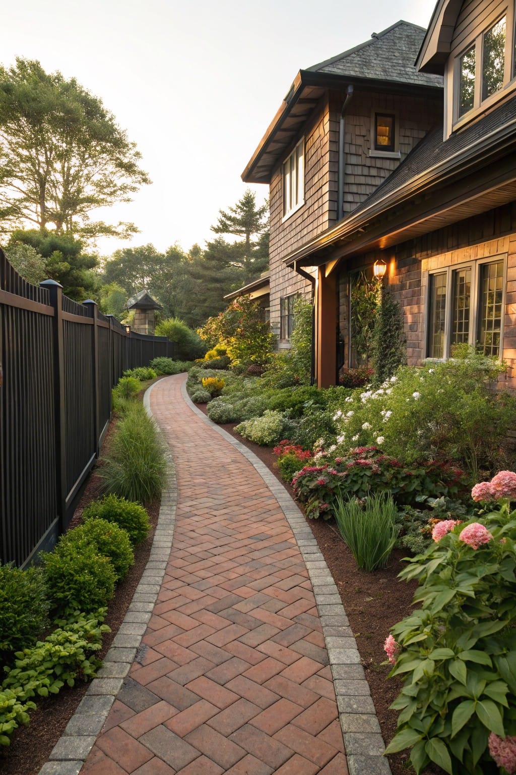 Winding red brick pathway edged by mulch flower beds with pink hydrangeas, white roses, ornamental grasses, and green shrubs next to a black metal fence and shingle house exterior.