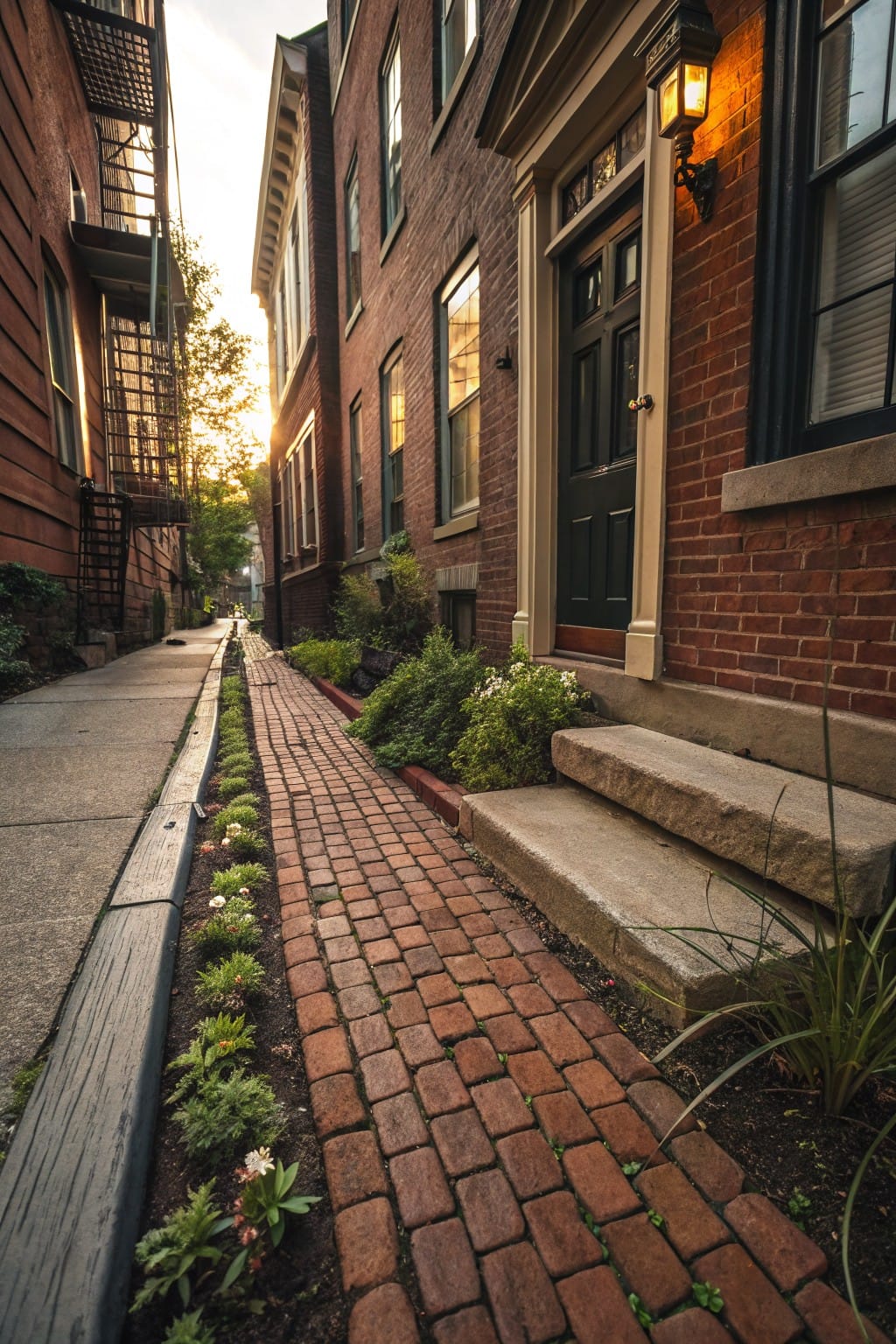 Narrow red brick pathway bordered by a thin strip of soil with small white flowers and green plants along a concrete sidewalk, leading to stone steps at a brick house entrance with a dark green door and lantern.