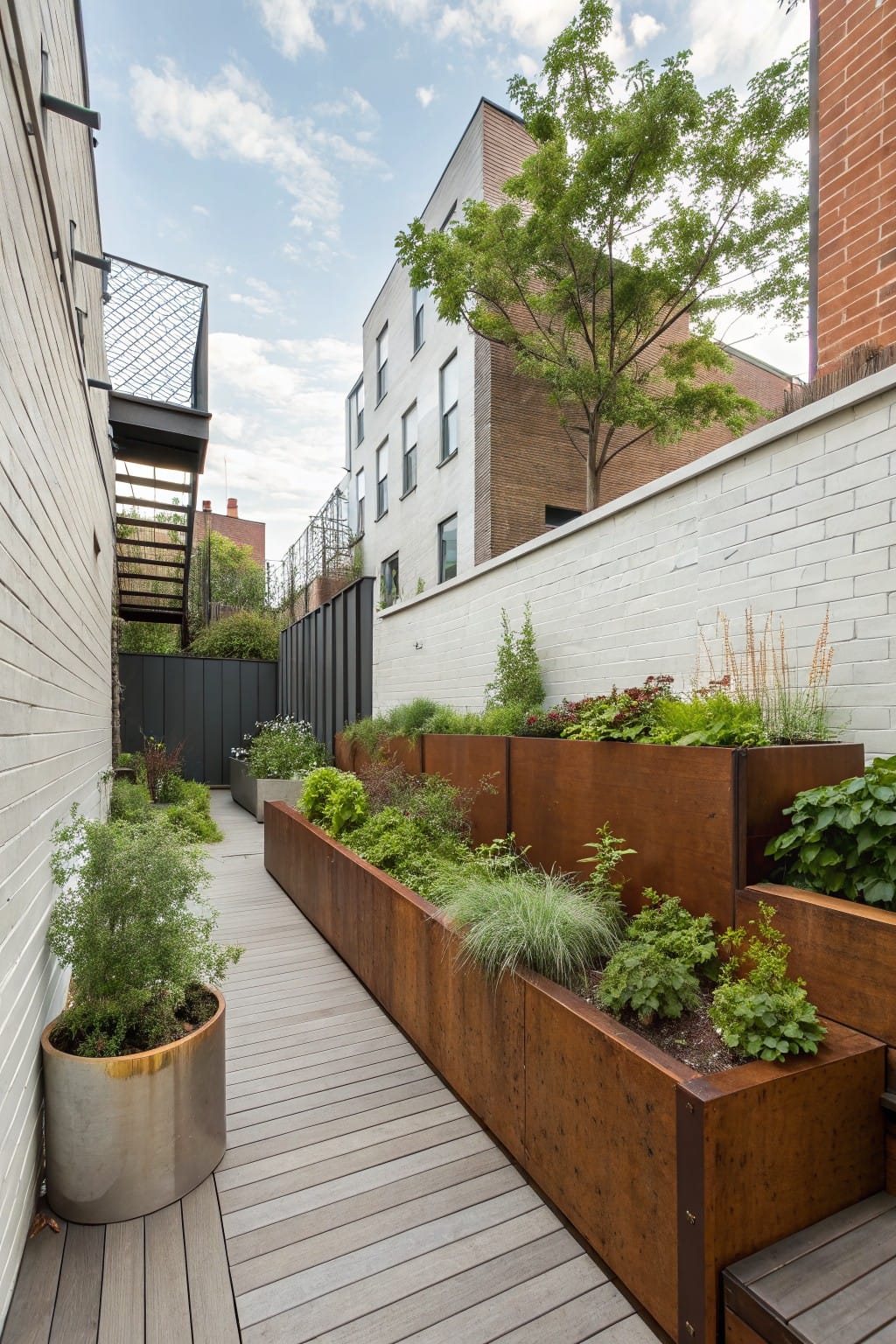 Narrow outdoor pathway with gray wood decking lined by tiered corten steel planters filled with green plants, herbs, and grasses, set against white brick walls.