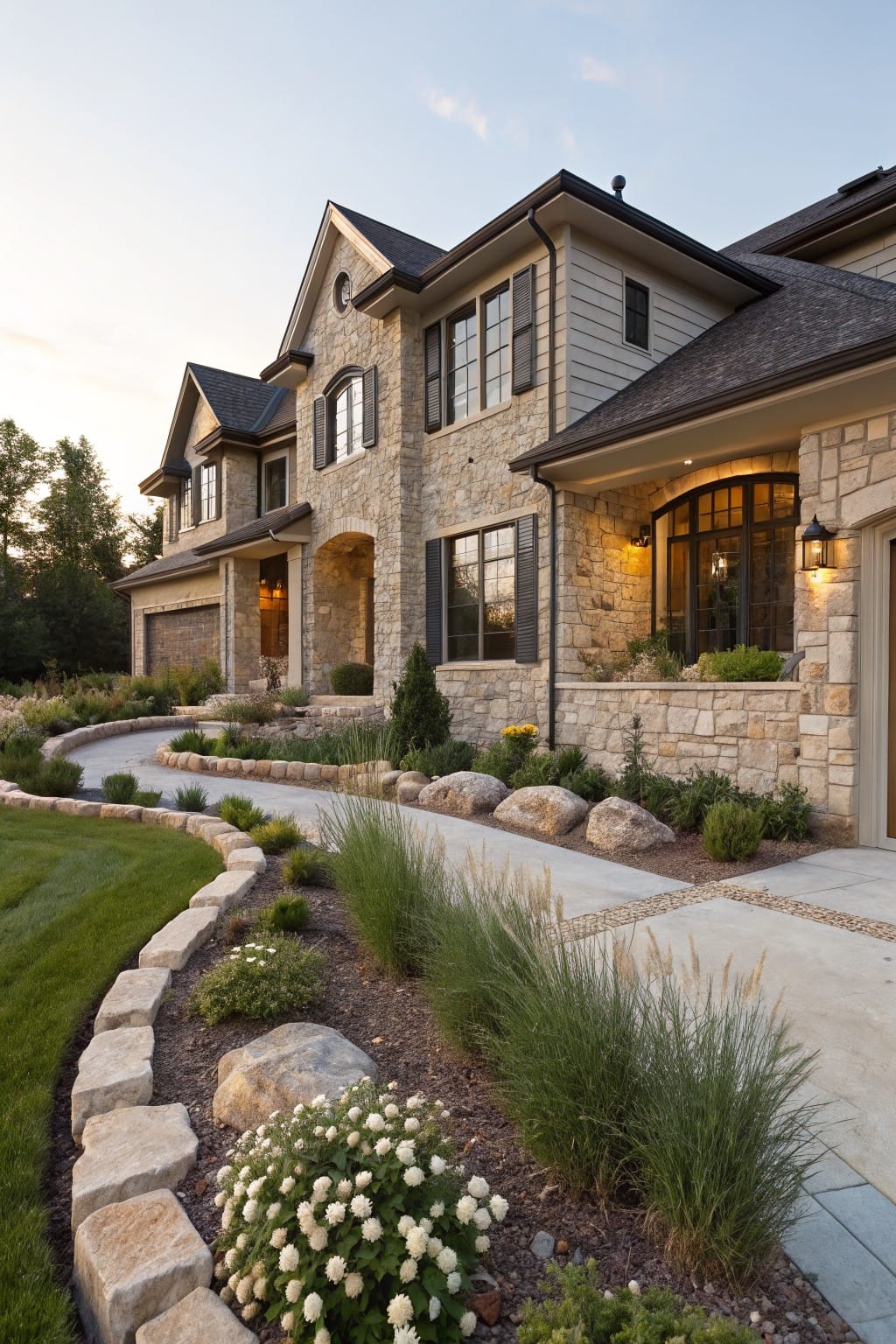 Stone house exterior with curved concrete pathway edged by large irregular limestone blocks, boulders, ornamental grasses, and low plants leading to garage and entry.