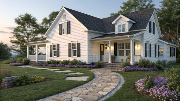 White clapboard house with dark roof and porch approached by curving flagstone pathway edged with lavender plants, shrubs, rocks, and mulch in green lawn.