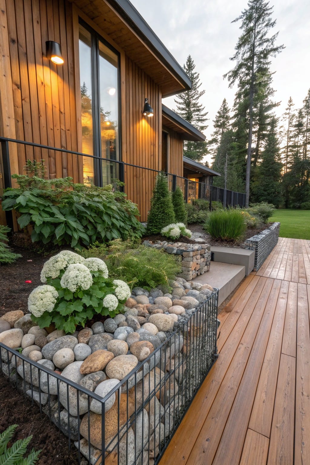 Wooden house exterior with deck and steps, gabion baskets filled with rocks forming retaining walls for flower beds planted with white hydrangeas, green shrubs, and grasses beside a lawn and pine trees.