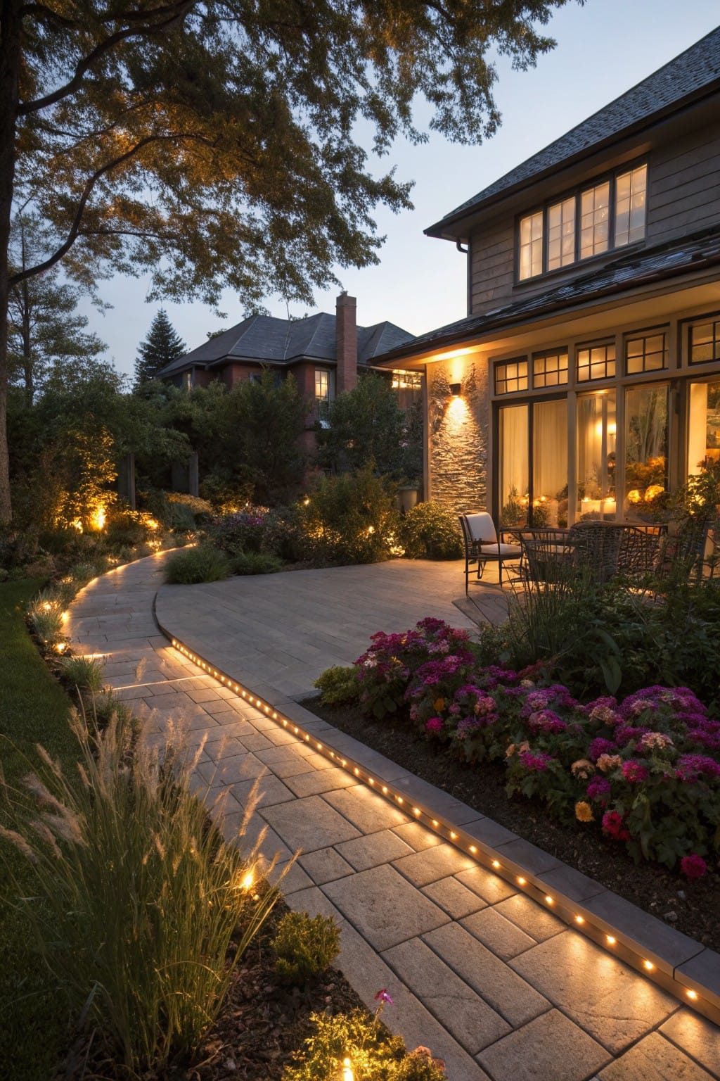 Curved stone pathway with recessed LED lights along the edges leading to a backyard patio with chairs, surrounded by flower beds containing pink flowers and ornamental grasses next to a modern house at dusk.