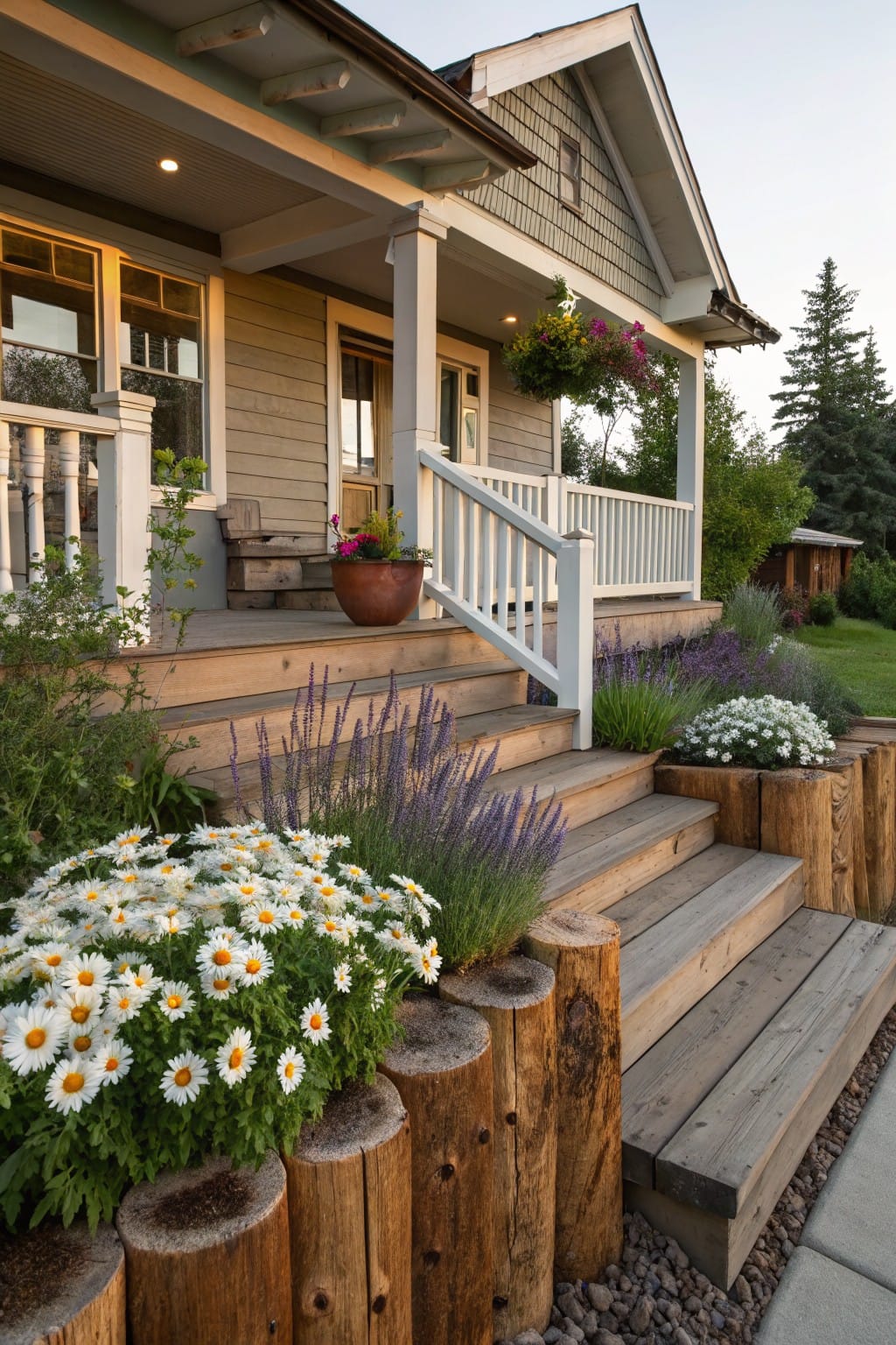 Wooden porch steps bordered by stacked log rounds planted with white daisies, purple lavender, and green foliage, beside a shingled house exterior.