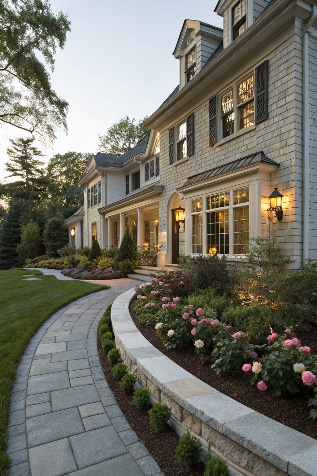 Light shingled house exterior with curved gray paver walkway edged by low beige stone wall holding pink roses, shrubs, and mulch in flower beds leading to porch steps.