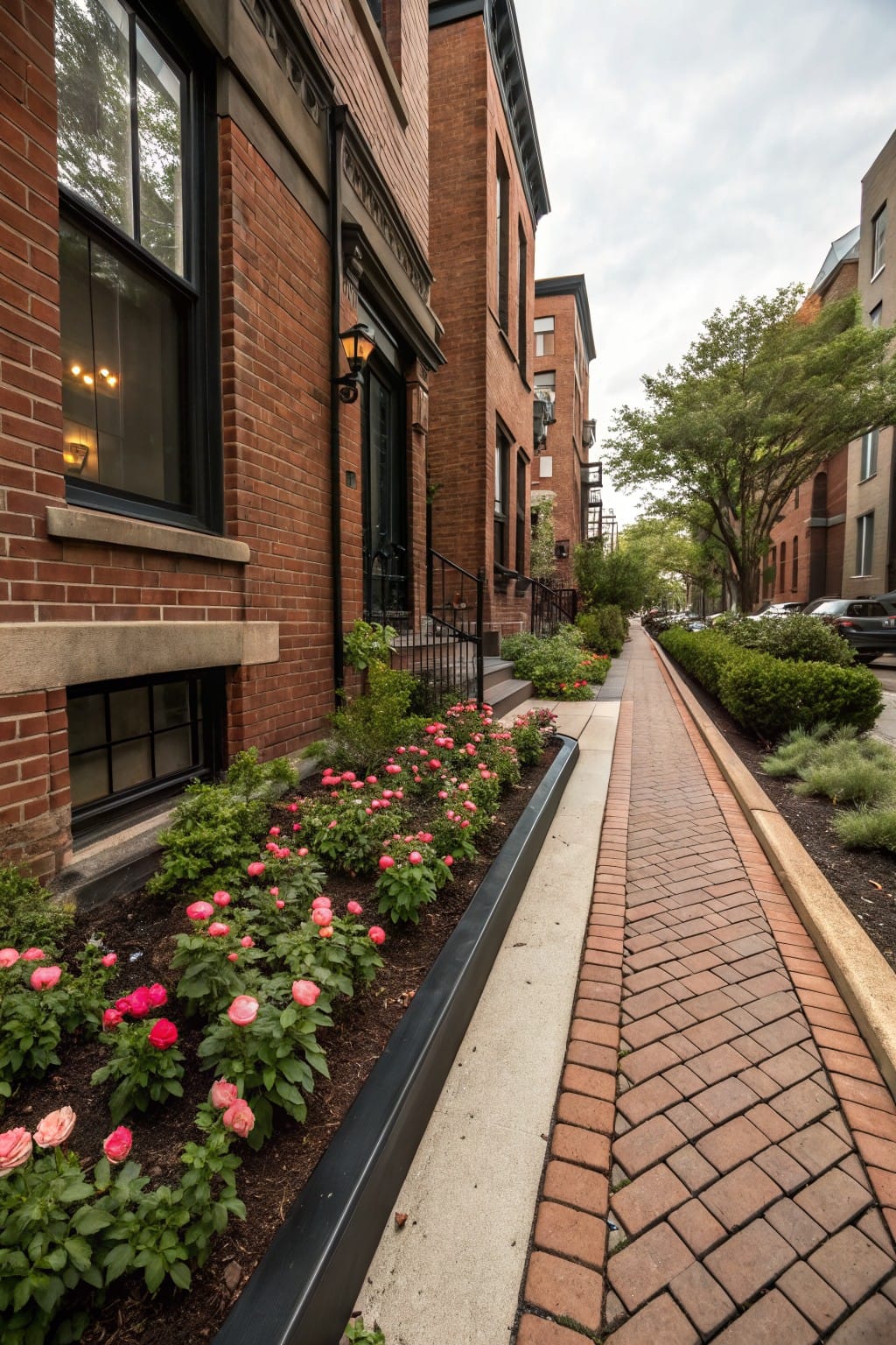 Brick townhouses line a sidewalk with pink flower beds in black metal-edged planters beside a brick pathway.
