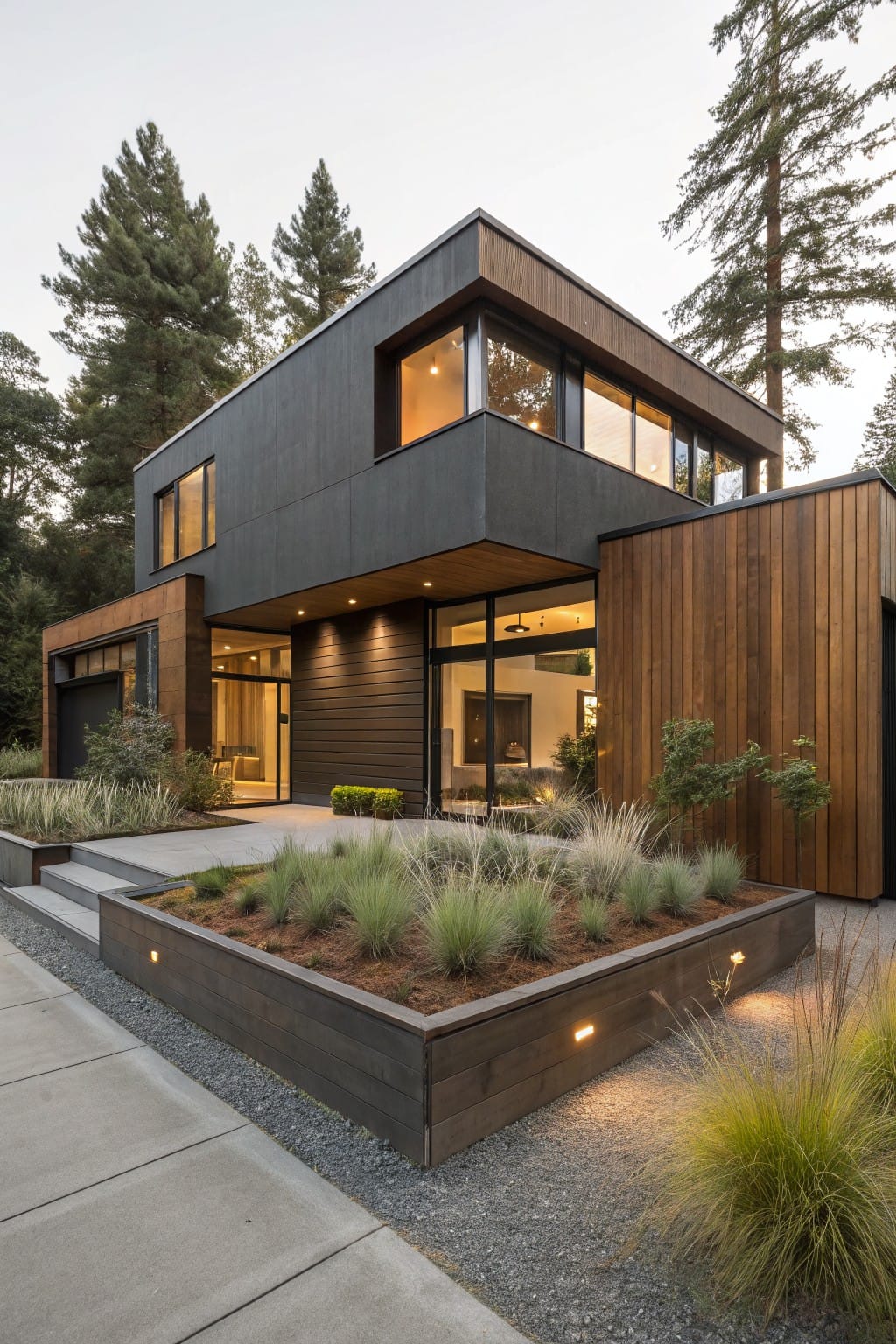 Modern house exterior with black siding, wood panels, large windows, and raised wooden planters filled with ornamental grasses along the driveway and pathway.