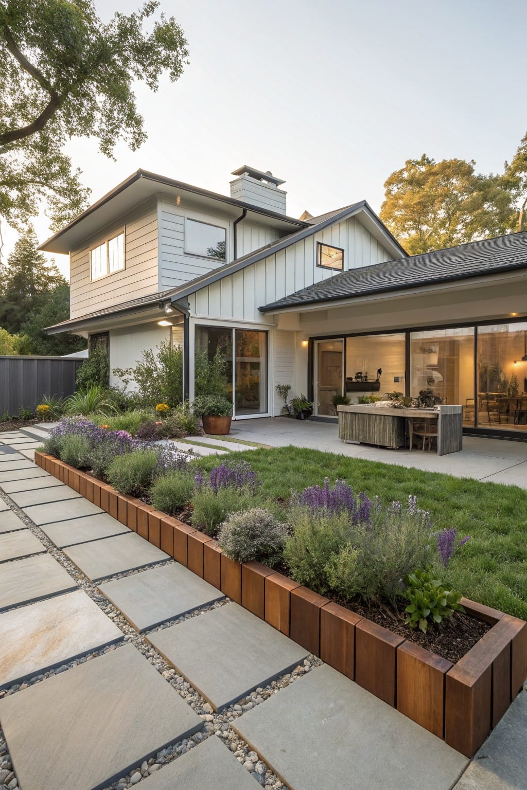 Stone paver pathway in a backyard edged by long rectangular wooden raised planters filled with lavender, grasses, and shrubs, next to a lawn and wooden outdoor table near a modern house with glass doors.