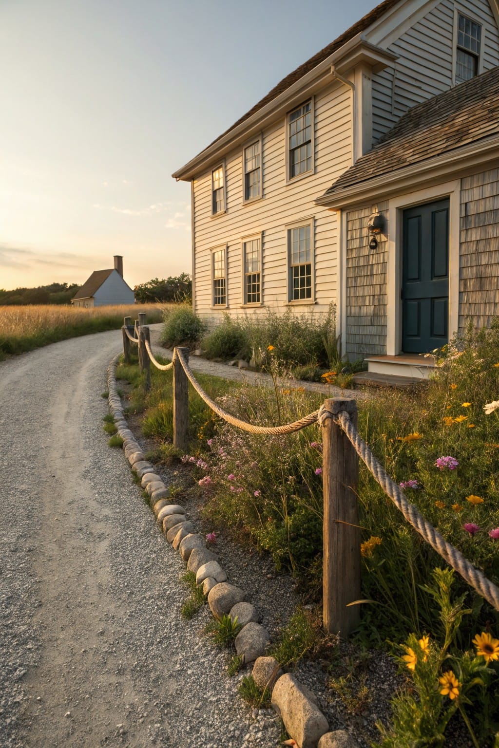 Gravel driveway curves toward a light gray shingled house with dark green door, edged by wooden posts linked with rope fencing, white rocks, and mixed wildflowers.