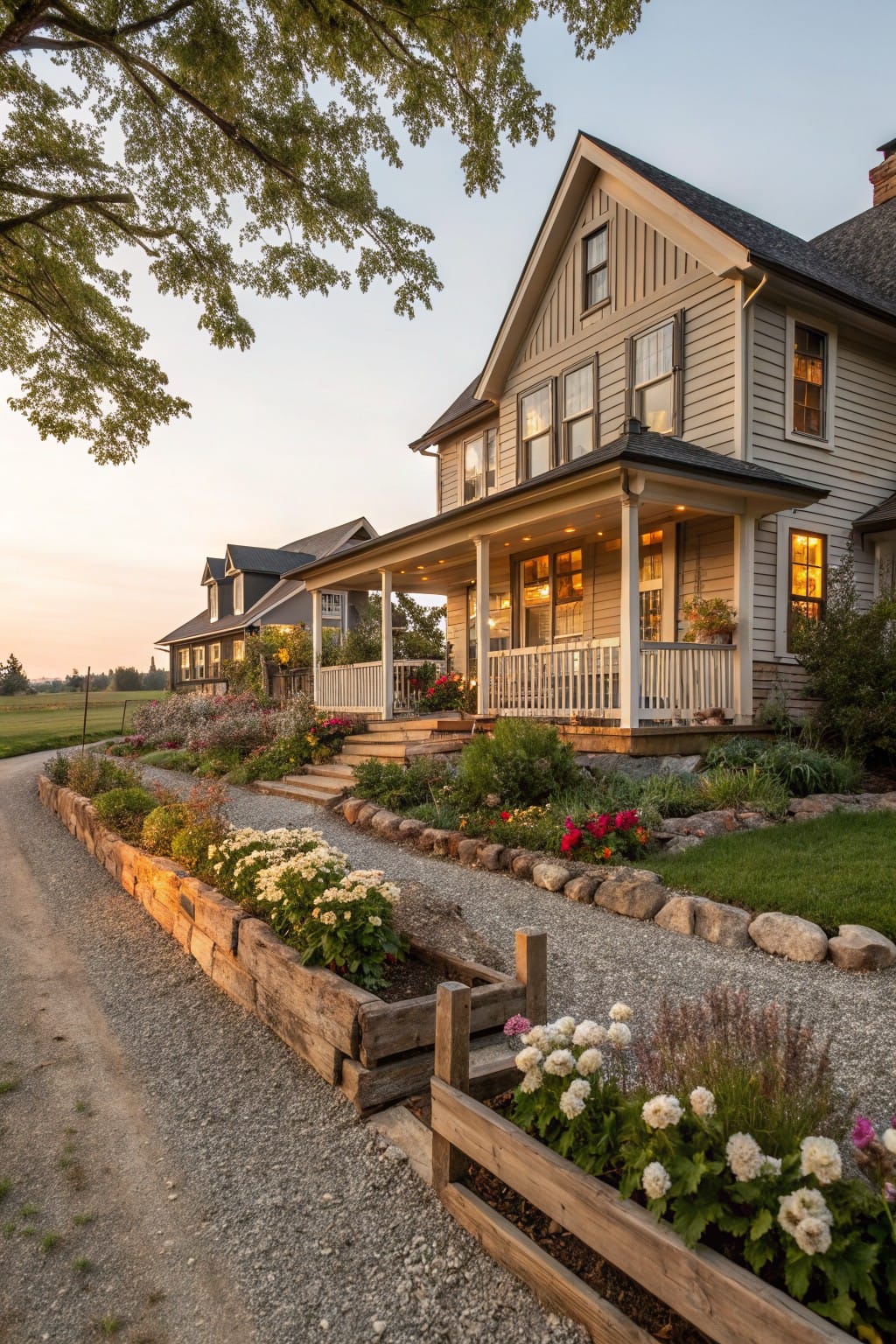 Beige siding house with wraparound porch and gardens, edged by wooden raised planters filled with white flowers along a gravel driveway bordered by rocks.