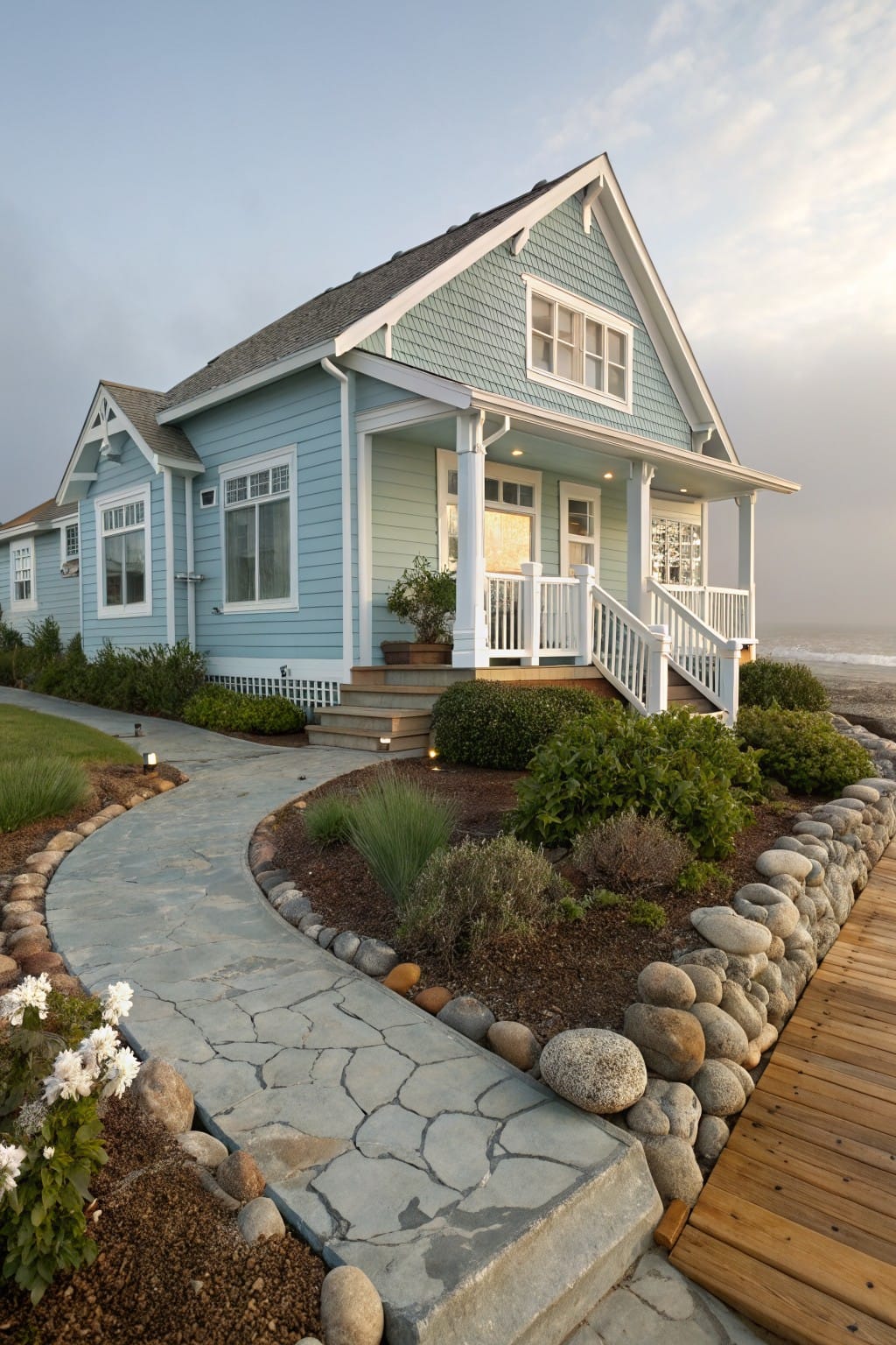 Light blue beach house with porch and winding flagstone path edged by rounded rocks bordering flower beds with shrubs, grasses, and mulch, next to a wooden dock by the ocean.