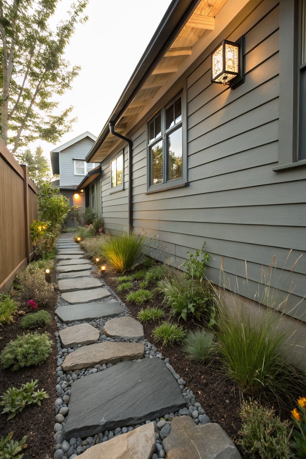 Gray wood-sided house exterior with a narrow side path of irregular dark stone slabs set in gravel, bordered by low grasses, shrubs, and flowers, illuminated by path lights and wall lanterns.
