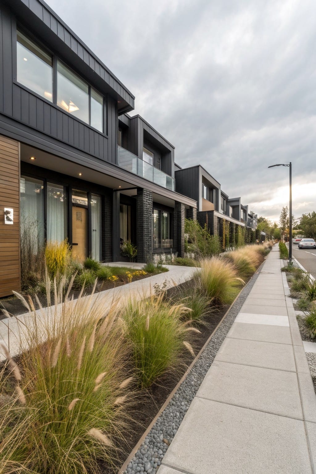 Modern black townhouses with wood entry accents and large windows, shown with tall ornamental grasses planted in beds edging a concrete sidewalk bordered by gravel strips.
