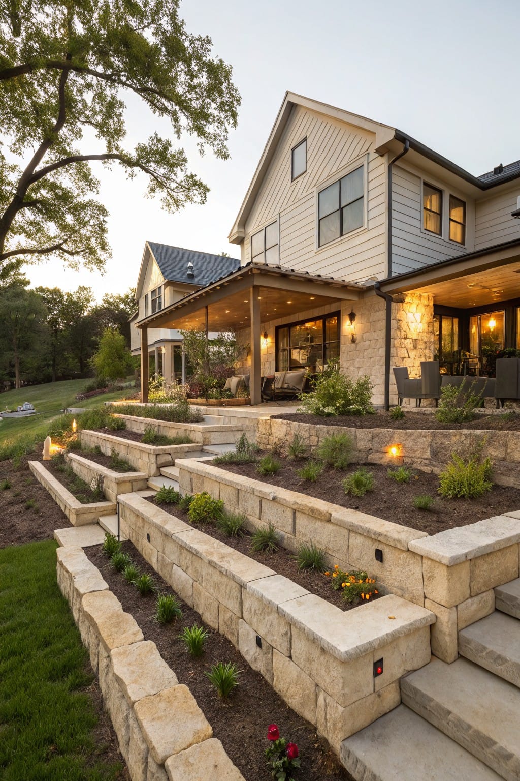 Tiered limestone retaining walls with planted flower beds and integrated concrete steps on a sloped backyard next to a white house with covered porch and landscape lighting at dusk.