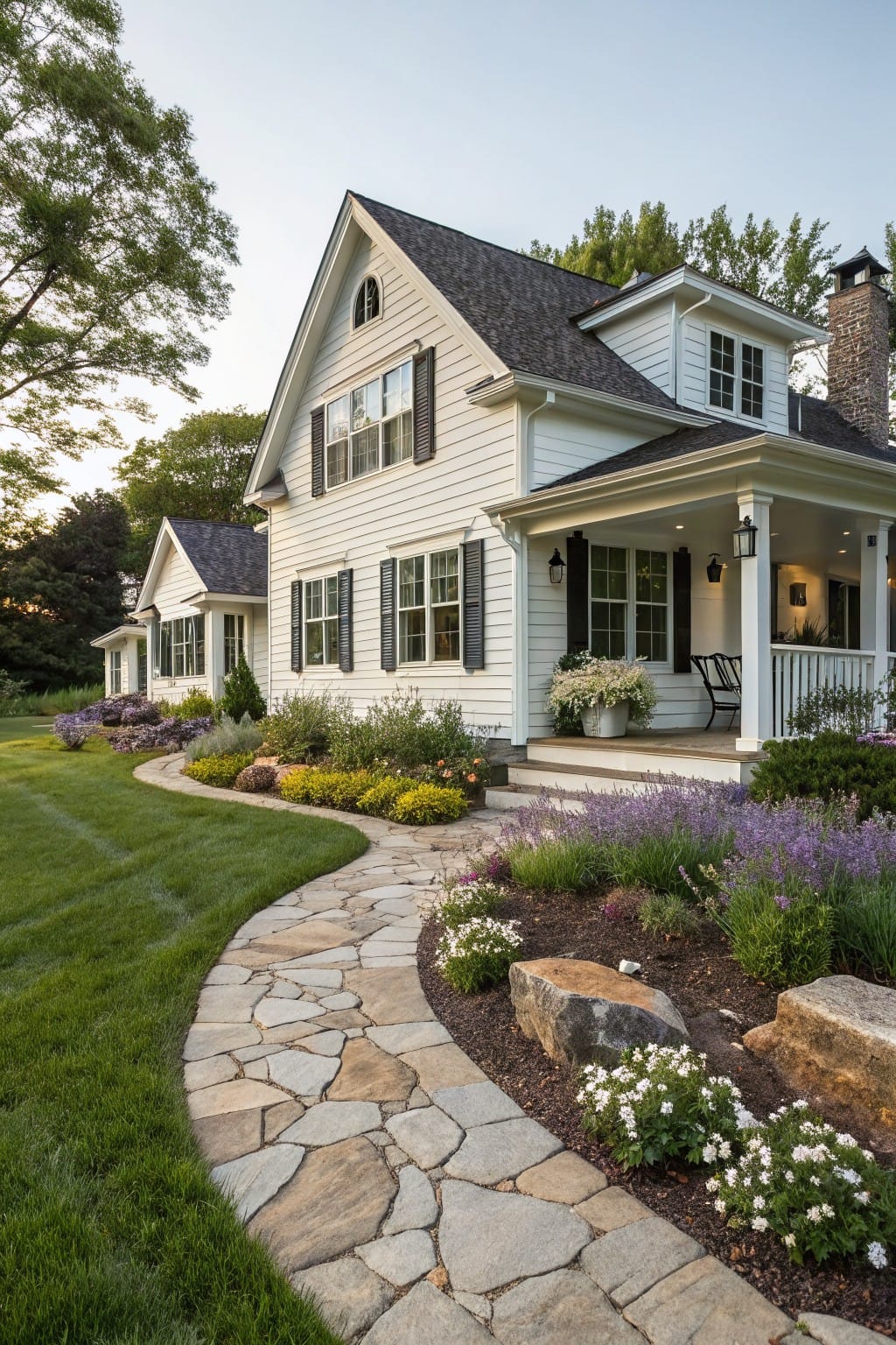 White clapboard house with dark roof and porch approached by curving flagstone pathway edged with lavender plants, shrubs, rocks, and mulch in green lawn.