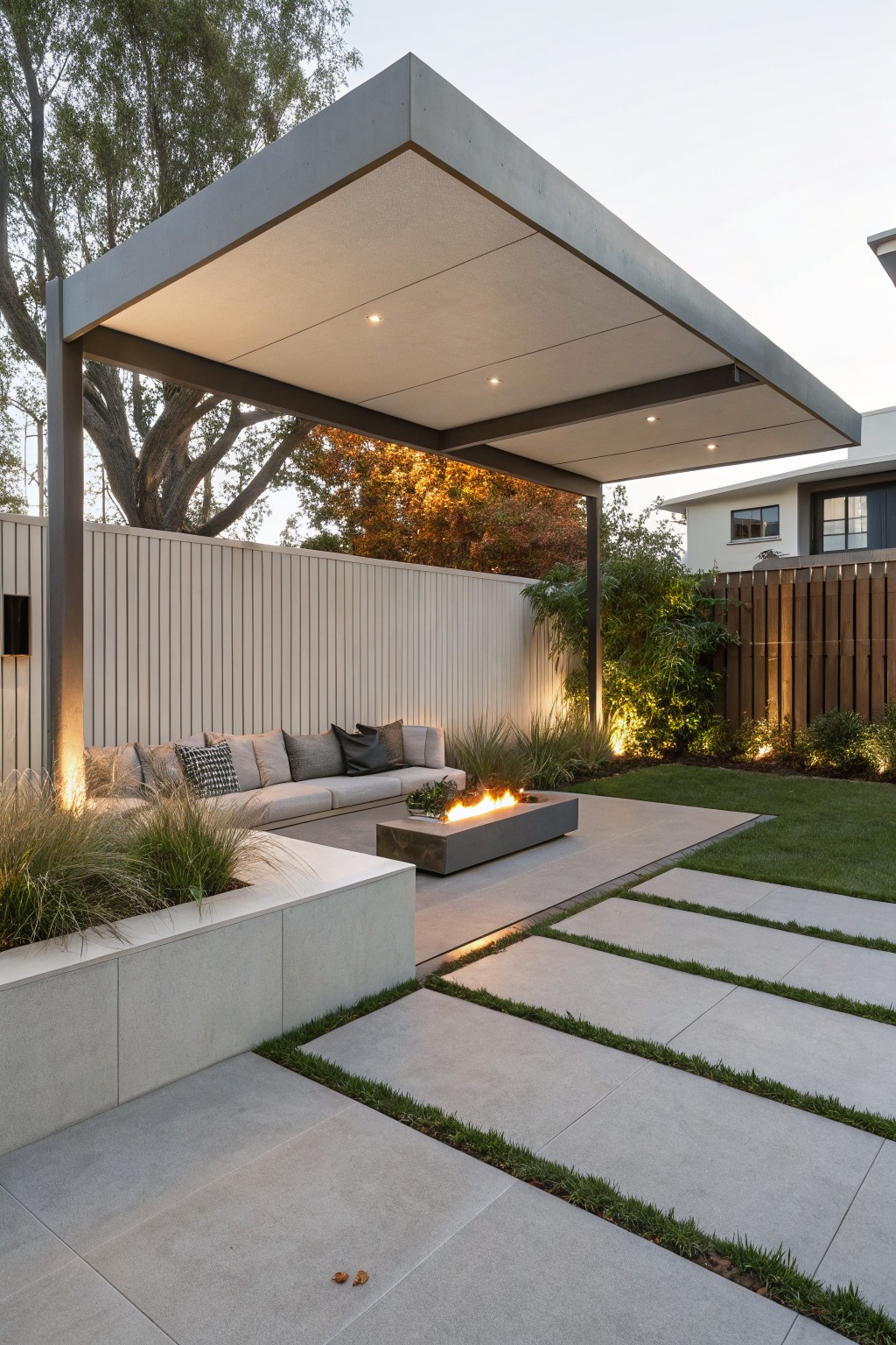 Cantilevered gray metal roof on steel posts over gray cushioned sectional sofa and concrete fire pit table on gray concrete pavers in backyard with grass lawn, low grass plantings, white horizontal fence, and background trees.