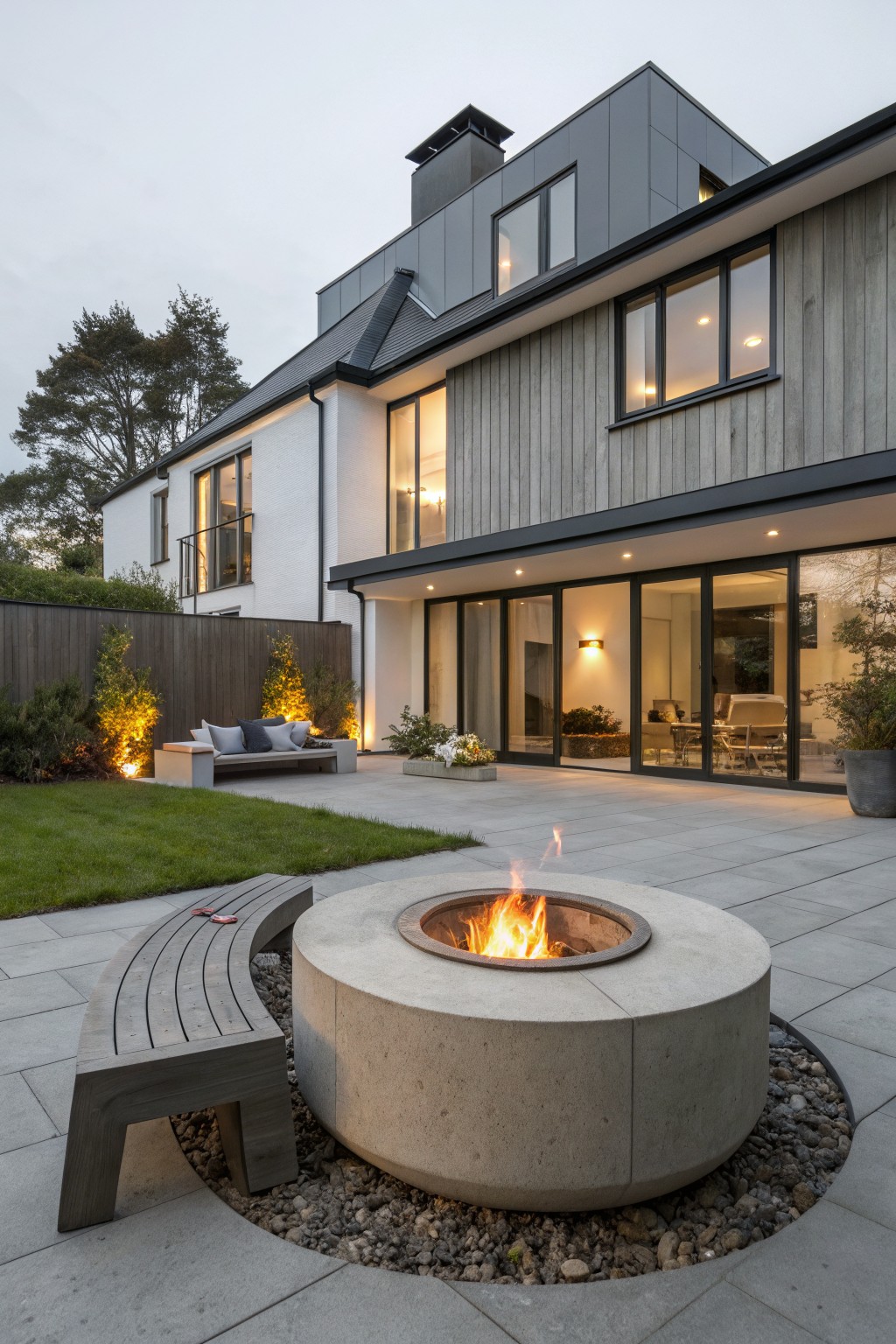 Backyard patio with lit round concrete fire pit surrounded by curved wooden bench on paved surface next to modern house.