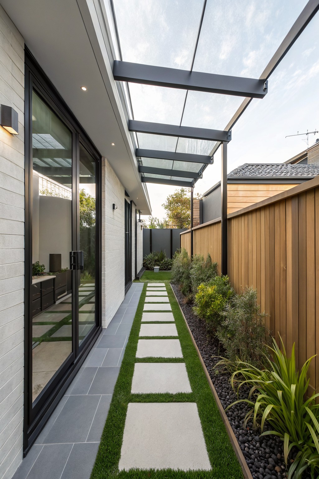Side view of a modern white brick house wall with black-framed sliding glass doors under a black metal and glass canopy, above a concrete stepping stone path through grass bordered by plants and black pebbles next to a wooden fence.