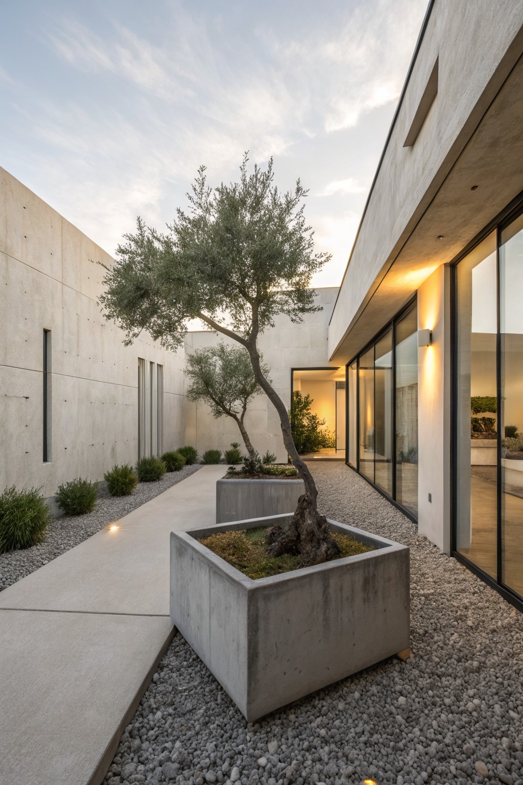 Modern courtyard with two olive trees in large square concrete planters next to a concrete pathway through gravel ground cover, flanked by concrete walls and large glass windows.