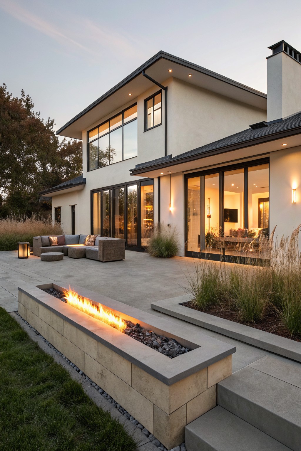 Backyard patio featuring a linear stone fire pit with flames, surrounded by potted grasses, low outdoor seating, and steps leading to a modern house with large glass doors.