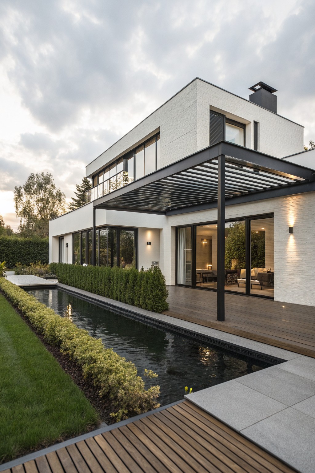 White modern house with large glass doors and wooden deck adjacent to a long narrow reflecting pool lined with hedges and grass.