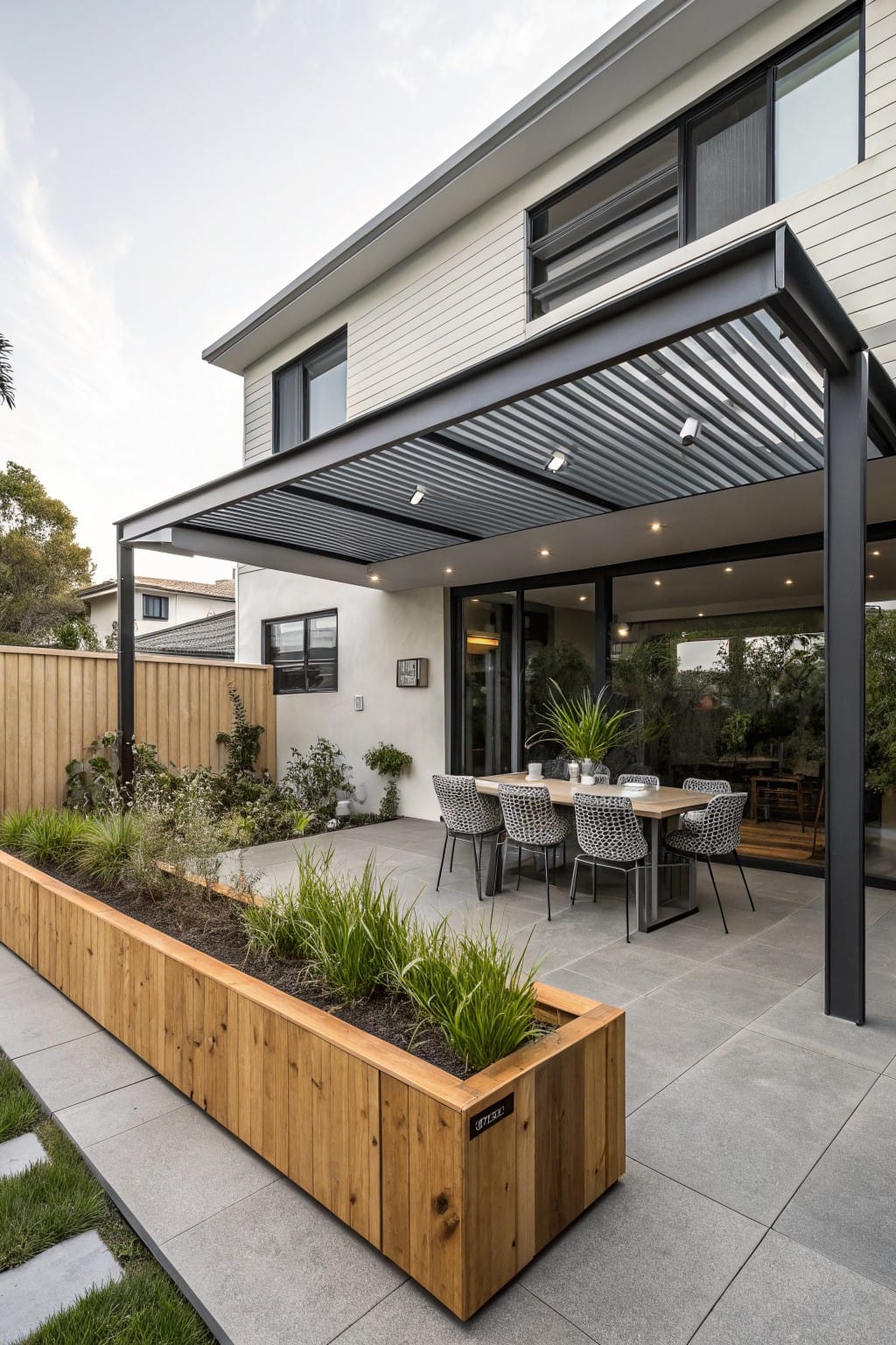 White modern house exterior with black-framed windows and sliding doors opening to a paved backyard patio under a black louvered pergola, featuring wooden planter boxes with greenery and an outdoor dining table with chairs.