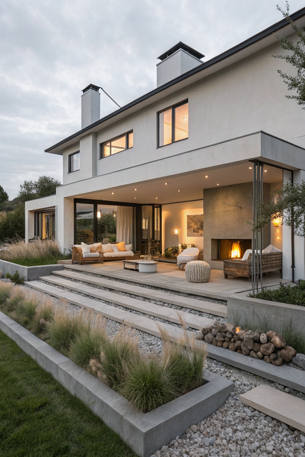 White modern house exterior featuring a covered upper patio with seating, wide concrete steps descending to a lower patio area with lounge chairs, coffee table, fire pit, and gravel planters filled with ornamental grasses.