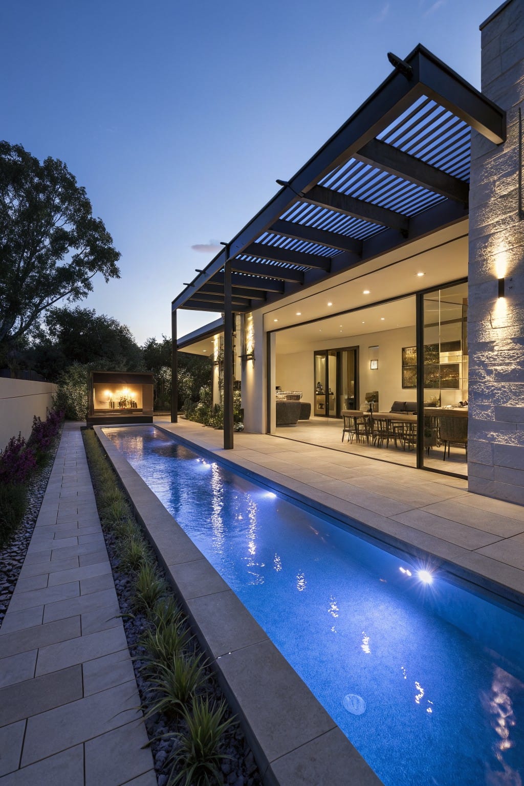 Modern backyard at dusk with a long narrow pool lit blue running parallel to a light stone house, glass patio doors, covered pergola, outdoor fireplace, and linear planting beds.