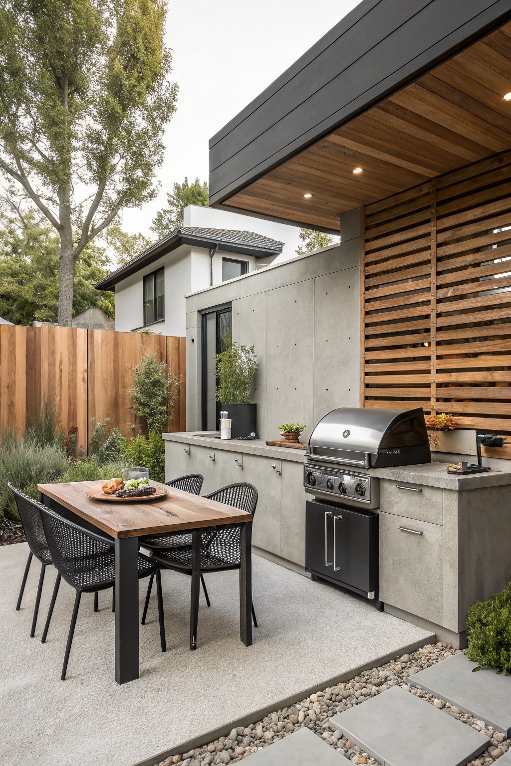 Backyard patio with built-in stainless steel grill on gray concrete counters and cabinets, wooden slatted screen, overhead wooden beams, black metal dining table with chairs, and plants near a wood fence.