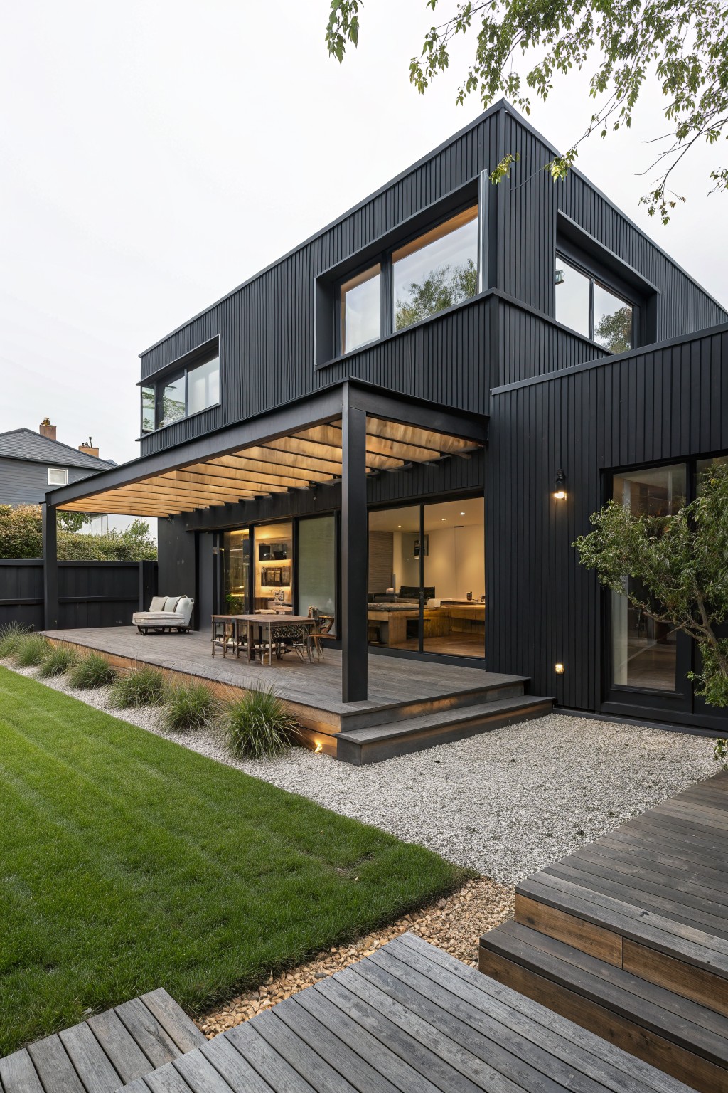 Black modern house with large glass doors and windows opening to a wooden deck under a slatted pergola, with outdoor seating, steps down to gravel path and lawn edged by grasses.