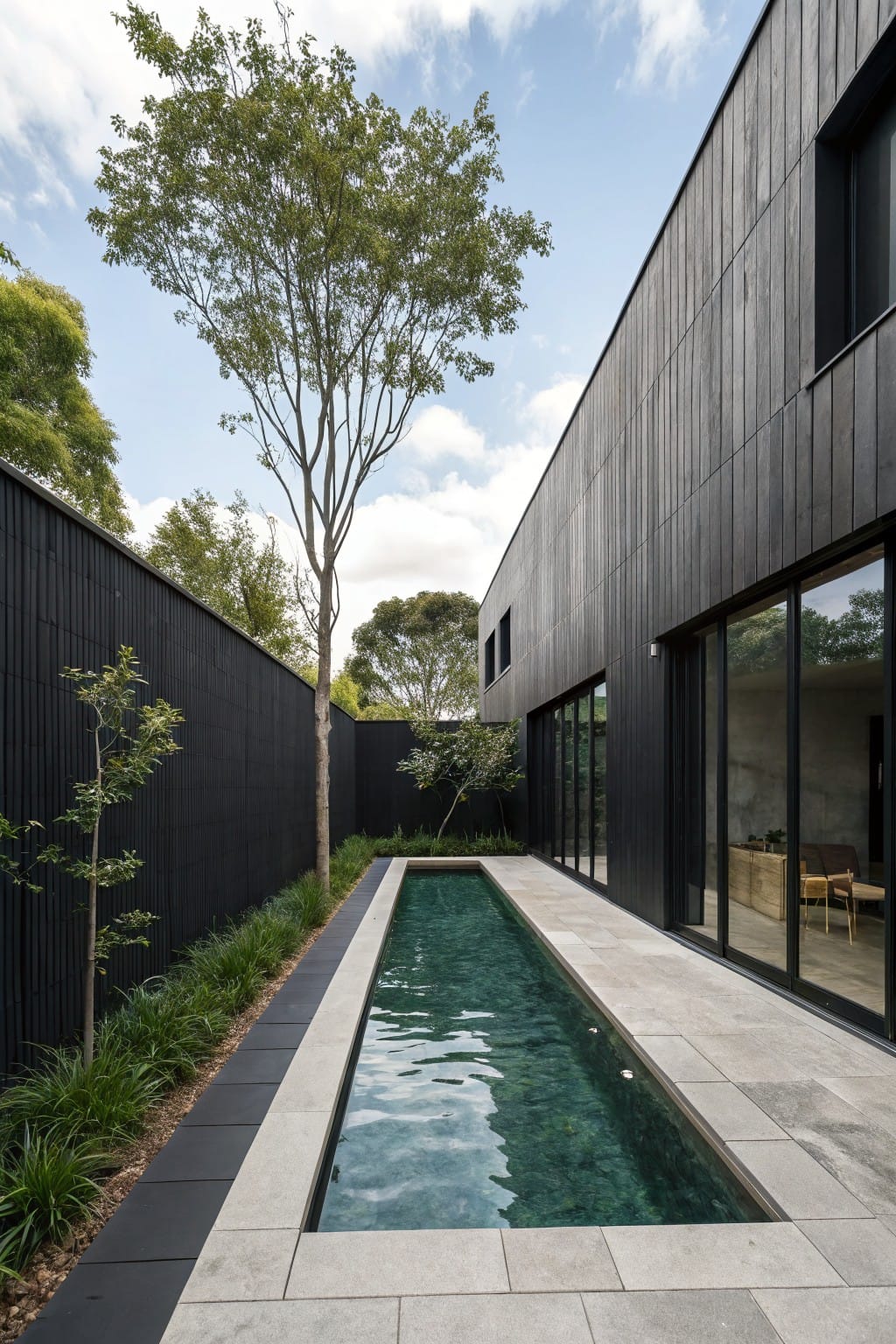 Narrow rectangular plunge pool with green tiles runs parallel to a black timber-clad house wall in a fenced backyard with trees, grasses, and a stone patio.