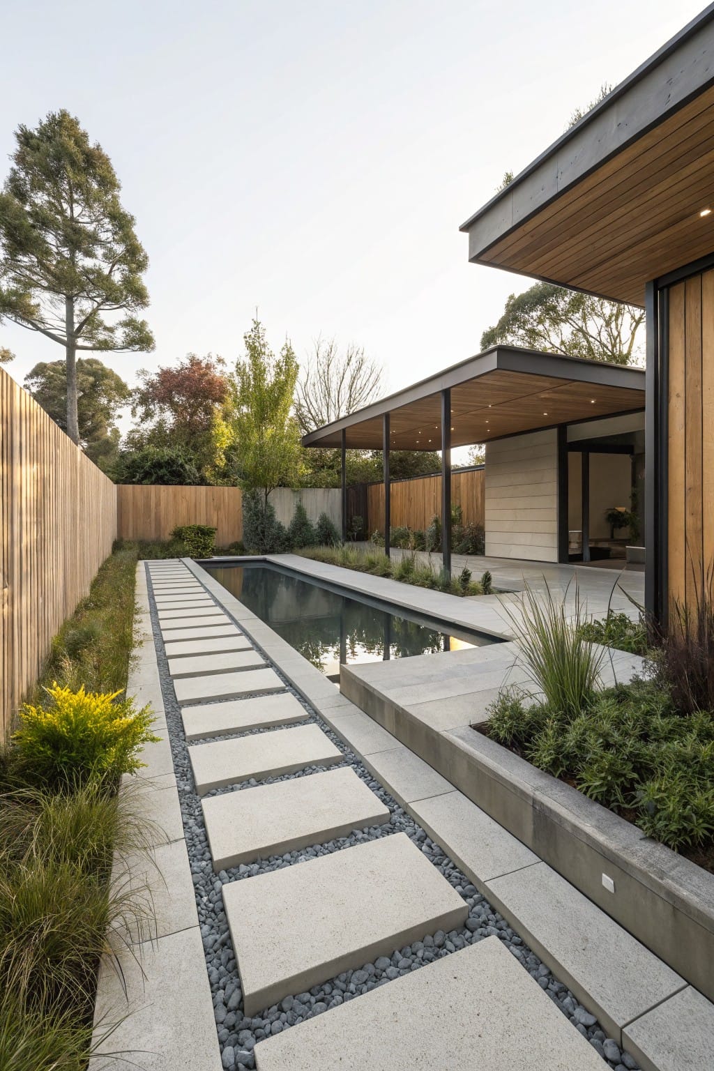 Modern backyard with large rectangular concrete stepping stones set into white pebble gravel forming a path beside a narrow rectangular pool, flanked by grasses and shrubs, next to a wood and concrete house.