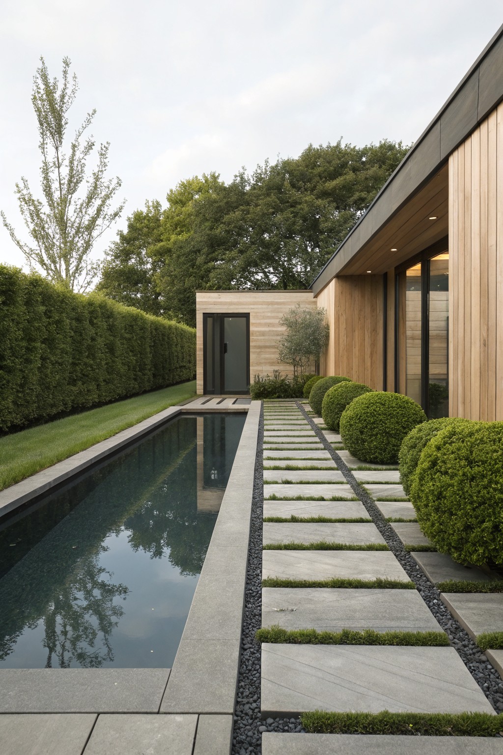 Long narrow black pool with gray stone slab pathway running alongside it on black pebble ground, flanked by round boxwood shrubs, next to a wooden-clad modern house extension and hedges.