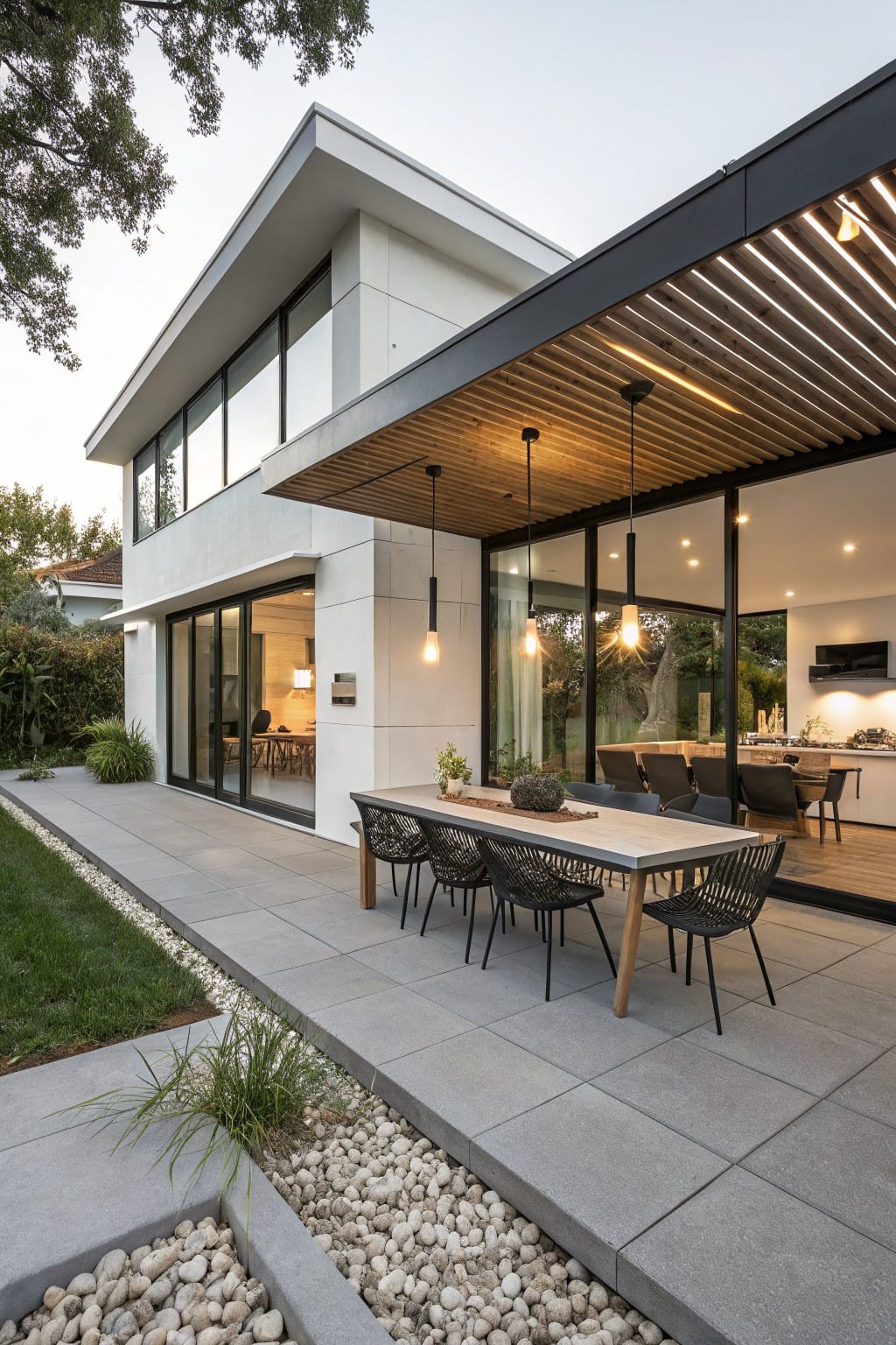 White modern house with large glass sliding doors opening to a gray stone patio under a slatted wooden pergola, with an outdoor dining table, woven chairs, pendant lights, and landscaped borders of grass, plants, and pebbles.