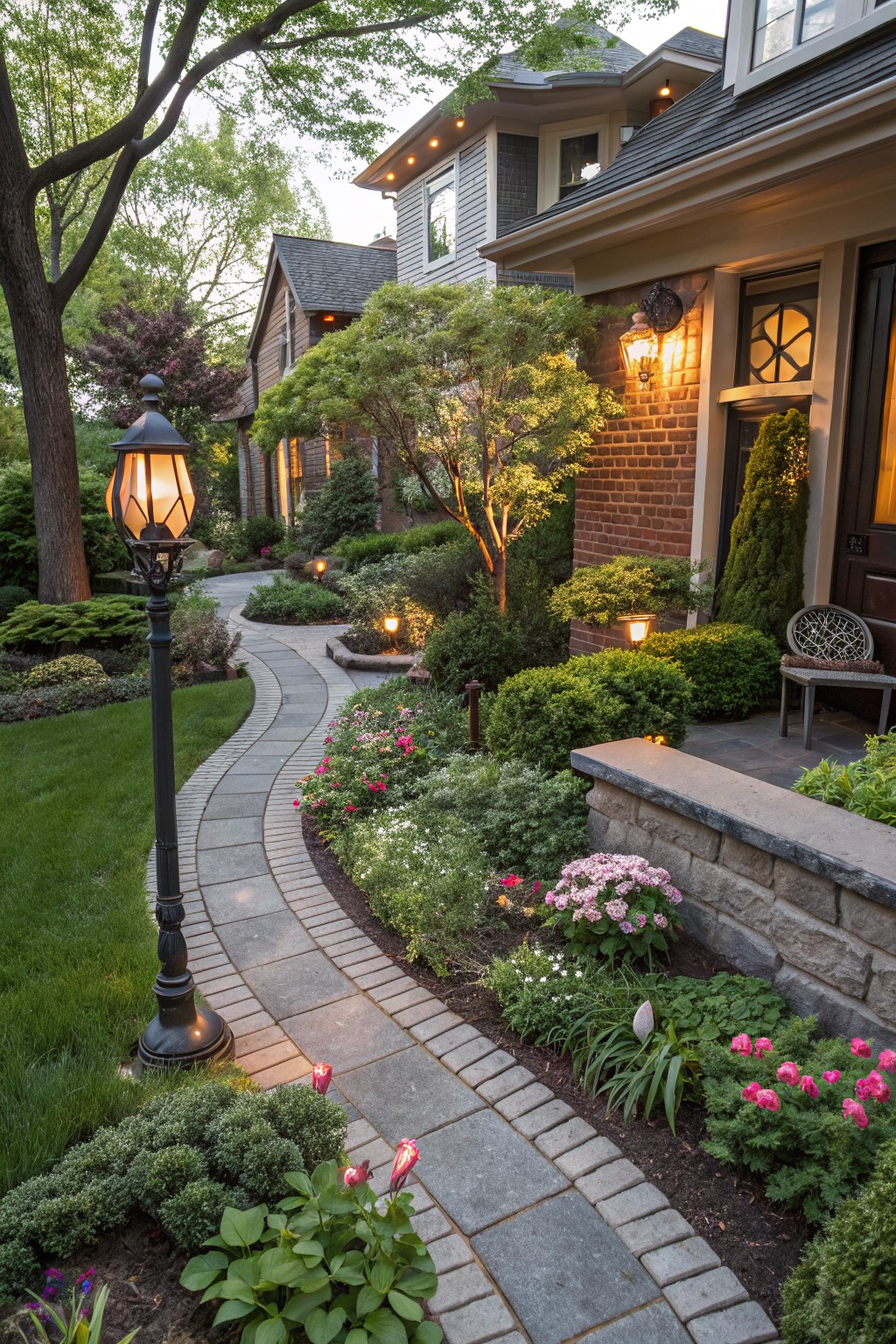 Curved gray stone pathway winding through front yard garden beds with green shrubs, pink flowers, hostas, and a tall black lamppost, leading to brick house entry with lanterns.