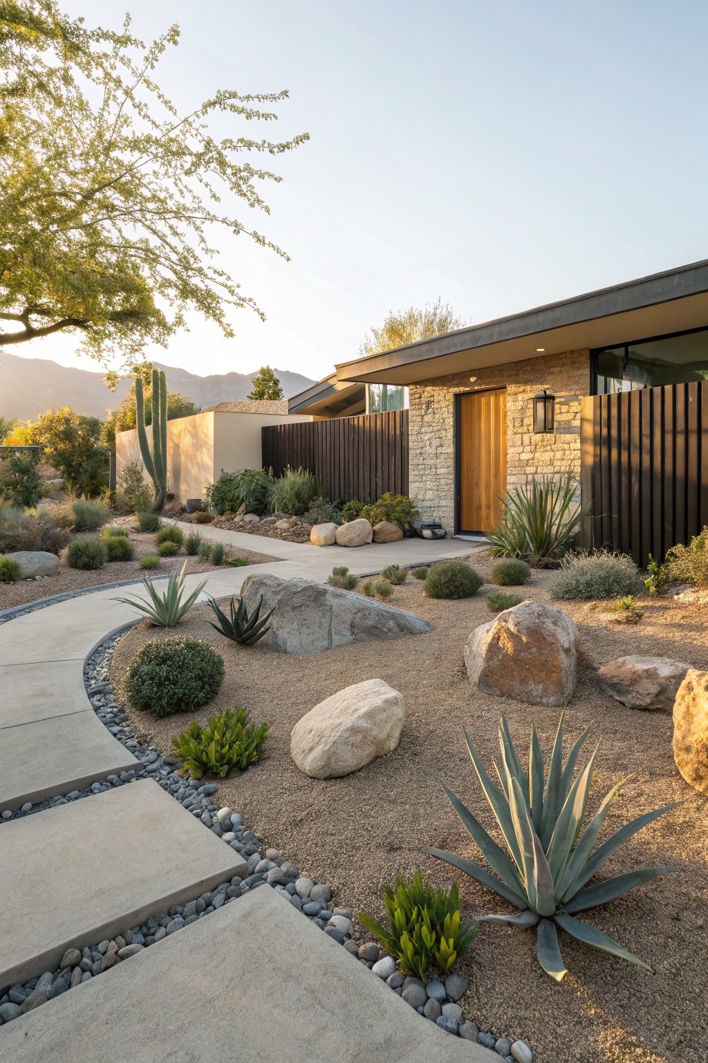 Curved concrete paver pathway edged with gravel and large boulders among agave plants and succulents in a desert-style front yard leading to a modern stucco house with wooden door and fence.