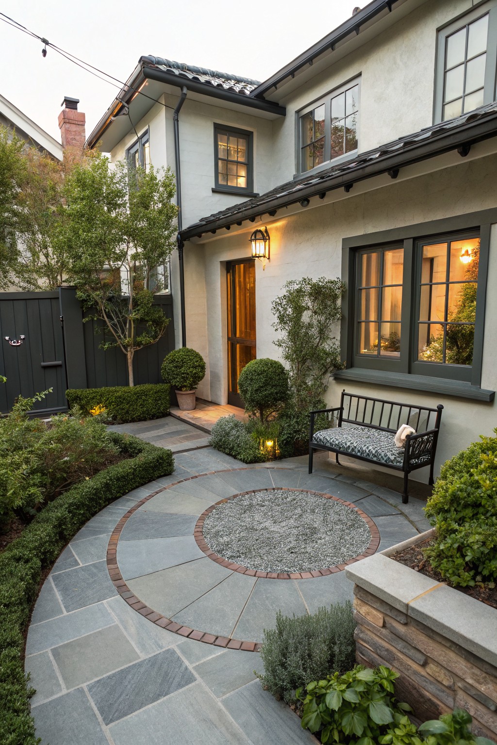 Exterior view of a beige stucco house with dark green windows and door, featuring a curved bluestone path with red brick edging leading to a circular pea gravel area containing a black metal bench with cushions, surrounded by boxwood hedges and other plants.