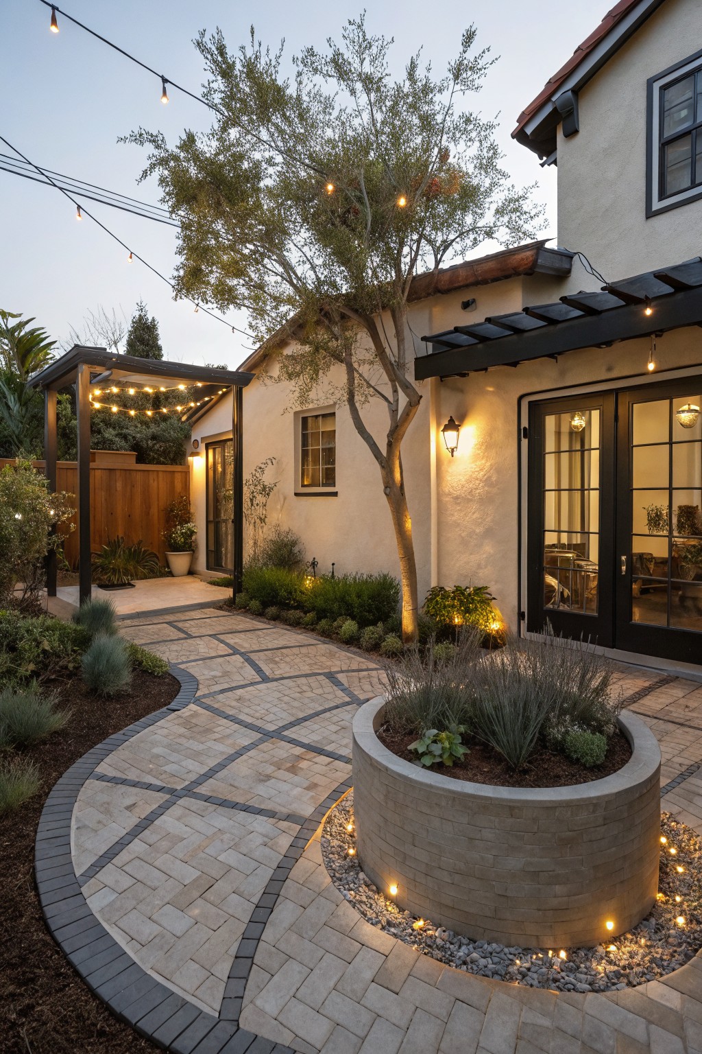 Curved gray paver pathway with black edging winding through a landscaped yard toward beige stucco house doors, featuring a large round concrete planter with grasses, gravel accents, low-voltage lights, string lights on a pergola, and olive trees at dusk.