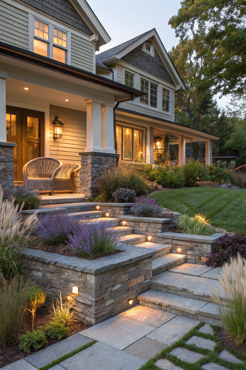 Entry Steps Framed by Tiered Stone Walls