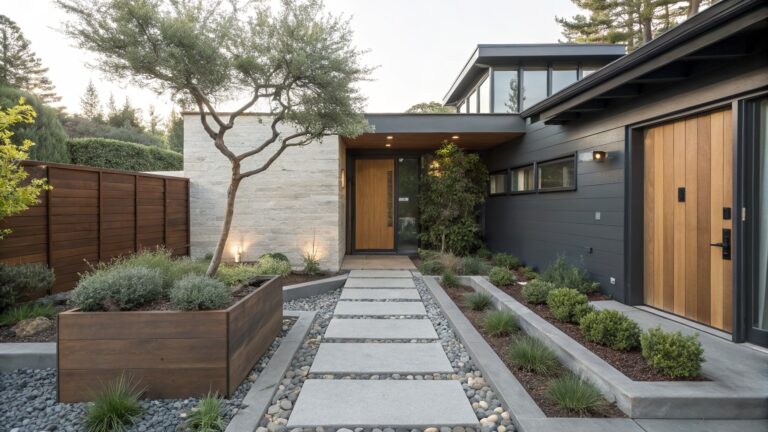 Close-up view of a beige stucco house exterior with a dark wooden entry door, a pathway of large rectangular gray stepping stones set in dark gravel, raised concrete planters with plants and pebbles, olive trees, low shrubs, and a wooden pergola overhang.