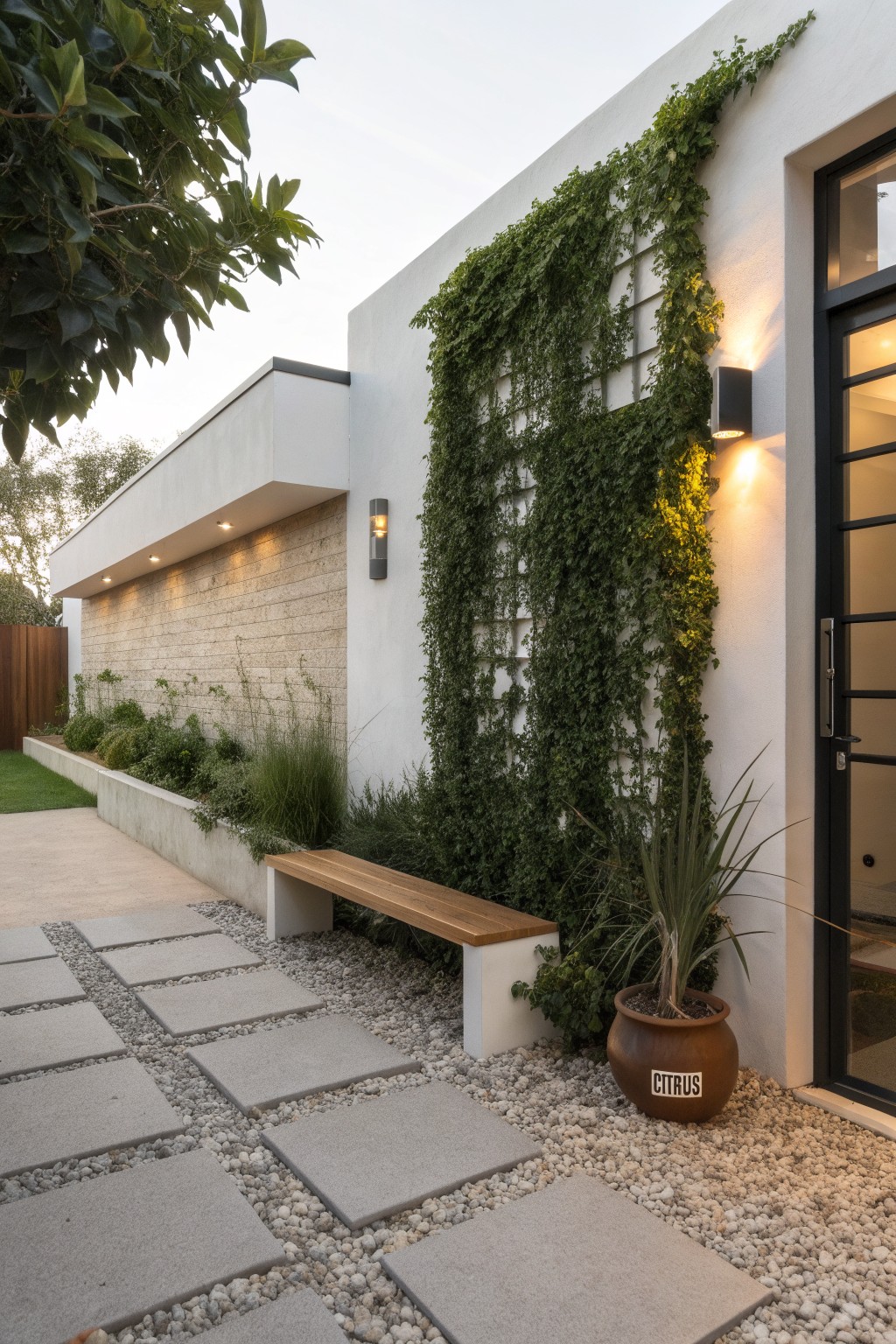 White stucco house exterior with ivy on trellis wall, stone base wall with plants, gravel yard featuring large gray pavers as pathway to black-framed glass door, wooden bench on concrete plinth, potted plant, and dusk lighting.