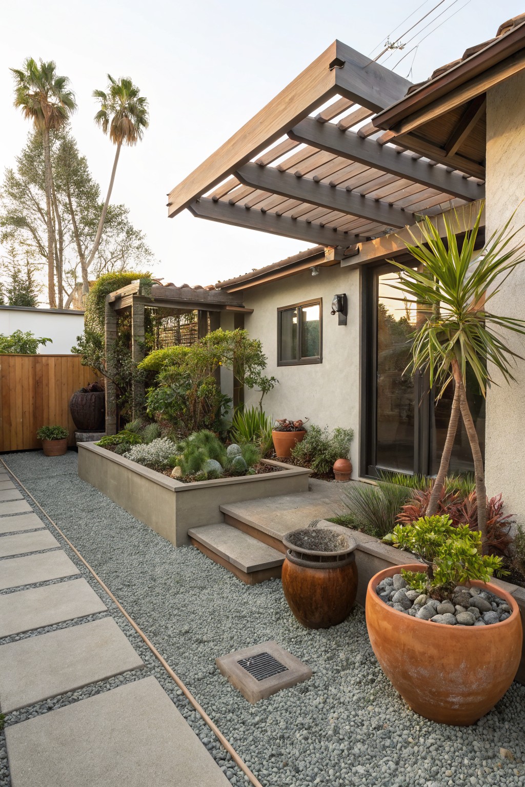 Gravel pathway edged with square concrete pavers leading to entry steps of a beige stucco house, flanked by large terracotta pots, raised succulent planters, and drought-tolerant grasses under a wooden pergola.