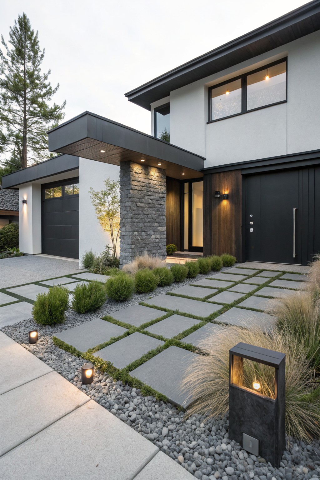 Modern two-story house exterior with black garage door, wood and glass entry, stone accent wall, and front yard path of large gray concrete pavers with grass joints, edged by boxwood shrubs, ornamental grasses, gravel mulch, and low pathway lights.