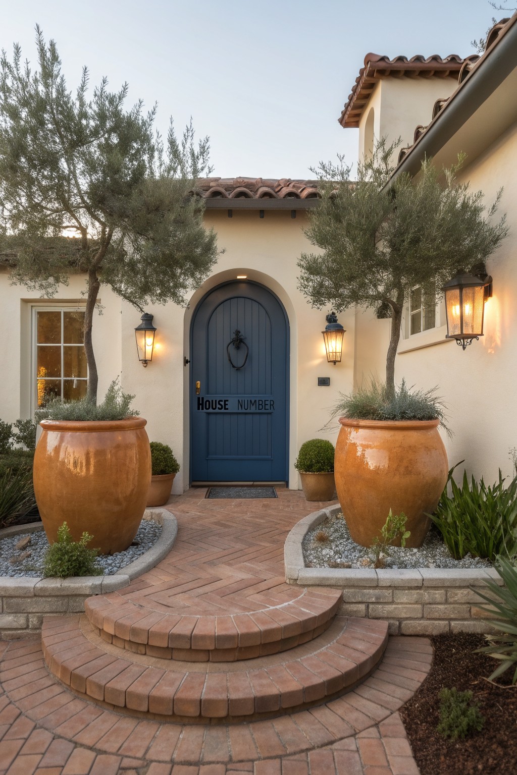 Beige stucco house exterior with red tile roof and dark blue arched wooden door labeled 