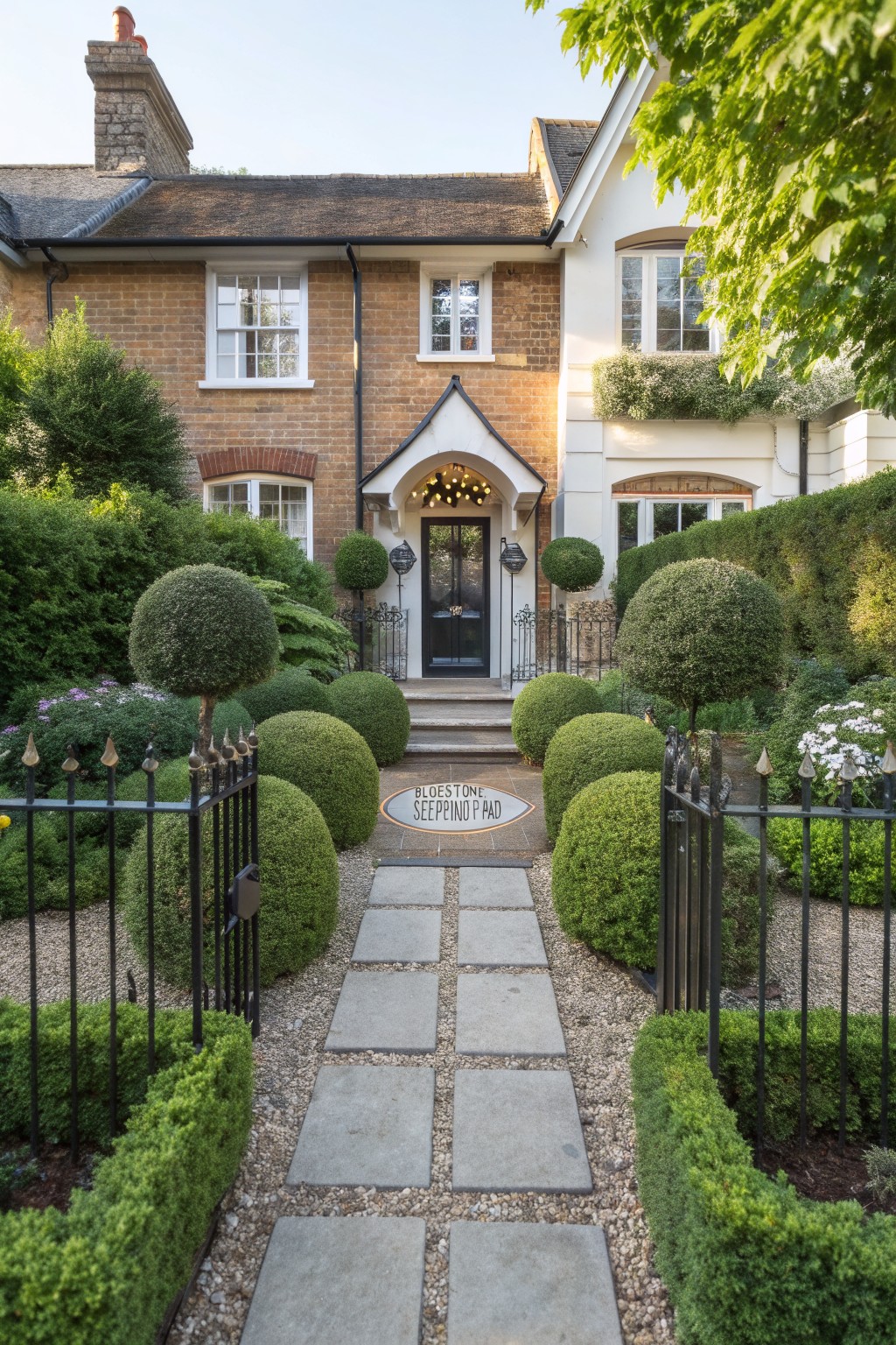 Front yard of a brick and white semi-detached house featuring a central pathway of gray pavers and gravel lined by spherical boxwood topiaries and low hedges, with black wrought-iron gates and a dark front door.